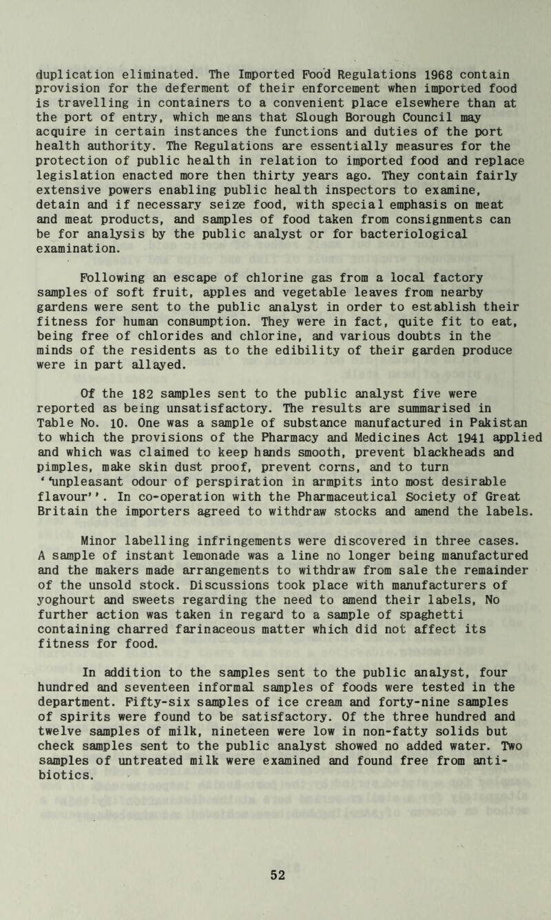 duplication eliminated. The Imported Pood Regulations 1968 contain provision for the deferment of their enforcement when imported food is travelling in containers to a convenient place elsewhere than at the port of entry, which means that Slough Borough Council may acquire in certain instances the functions and duties of the port health authority. The Regulations are essentially measures for the protection of public health in relation to imported food and replace legislation enacted more then thirty years ago. They contain fairly extensive powers enabling public health inspectors to examine, detain and if necessary seize food, with special emphasis on meat and meat products, and samples of food taken from consignments can be for analysis by the public analyst or for bacteriological examination. Following an escape of chlorine gas from a local factory samples of soft fruit, apples and vegetable leaves from nearby gardens were sent to the public analyst in order to establish their fitness for human consumption. They were in fact, quite fit to eat, being free of chlorides and chlorine, and various doubts in the minds of the residents as to the edibility of their garden produce were in part allayed. Of the 182 samples sent to the public analyst five were reported as being unsatisfactory. The results are summarised in Table No. 10. One was a sample of substance manufactured in Pakistan to which the provisions of the Pharmacy and Medicines Act 1941 ^plied and which was claimed to keep hands smooth, prevent blackheads and pimples, make skin dust proof, prevent corns, and to turn ‘ ‘unpleasant odour of perspiration in armpits into most desirable flavour’*. In co-operation with the Pharmaceutical Society of Great Britain the importers agreed to withdraw stocks and amend the labels. Minor labelling infringements were discovered in three cases. A sample of instant lemonade was a line no longer being manufactured and the makers made arrangements to withdraw from sale the remainder of the unsold stock. Discussions took place with manufacturers of yoghourt and sweets regarding the need to amend their labels. No further action was taken in regard to a sample of spaghetti containing charred farinaceous matter which did not affect its fitness for food. In addition to the samples sent to the public analyst, four hundred and seventeen informal samples of foods were tested in the department. Fifty-six samples of ice cream and forty-nine samples of spirits were found to be satisfactory. Of the three hundred and twelve samples of milk, nineteen were low in non-fatty solids but check samples sent to the public analyst showed no added water. Two samples of untreated milk were examined and found free from anti¬ biotics.