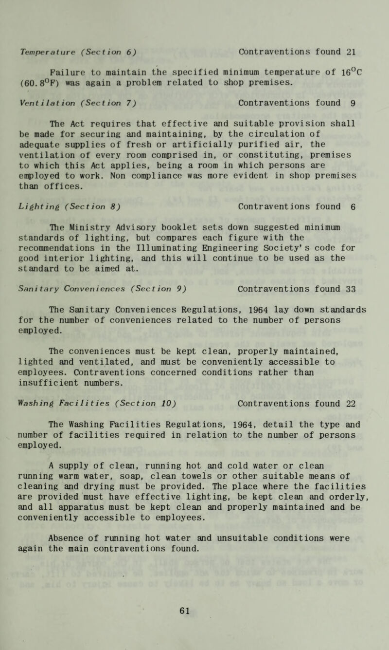 Temperature (Section 6) Contraventions found 21 Failure to maintain the specified minimum temperature of 16°C (60.8°F) was again a problem related to shop premises. Ventilation (Section 7) Contraventions found 9 The Act requires that effective and suitable provision shall be made for securing and maintaining, by the circulation of adequate supplies of fresh or artificially purified air, the ventilation of every room comprised in, or constituting, premises to which this Act applies, being a room in which persons are employed to work. Non compliance was more evident in shop premises than offices. Lighting (Section 8) Contraventions found 6 Hie Ministry Advisory booklet sets down suggested minimum standards of lighting, but compares each figure with the recommendations in the Illuminating Engineering Society’s code for good interior lighting, and this will continue to be used as the standard to be aimed at. Sanitary Conveniences (Section 9) Contraventions found 33 The Sanitary Conveniences Regulations, 1964 lay down standards for the number of conveniences related to the number of persons employed. The conveniences must be kept clean, properly maintained, lighted and ventilated, and must be conveniently accessible to employees. Contraventions concerned conditions rather than insufficient numbers. Washing Facilities (Section 10) Contraventions found 22 The Washing Facilities Regulations, 1964, detail the type and number of facilities required in relation to the number of persons employed. A supply of clean, running hot and cold water or clean running warm water, soap, clean towels or other suitable means of cleaning and drying must be provided. The place where the facilities are provided must have effective lighting, be kept clean and orderly, and all apparatus must be kept clean and properly maintained and be conveniently accessible to employees. Absence of running hot water and unsuitable conditions were again the main contraventions found.
