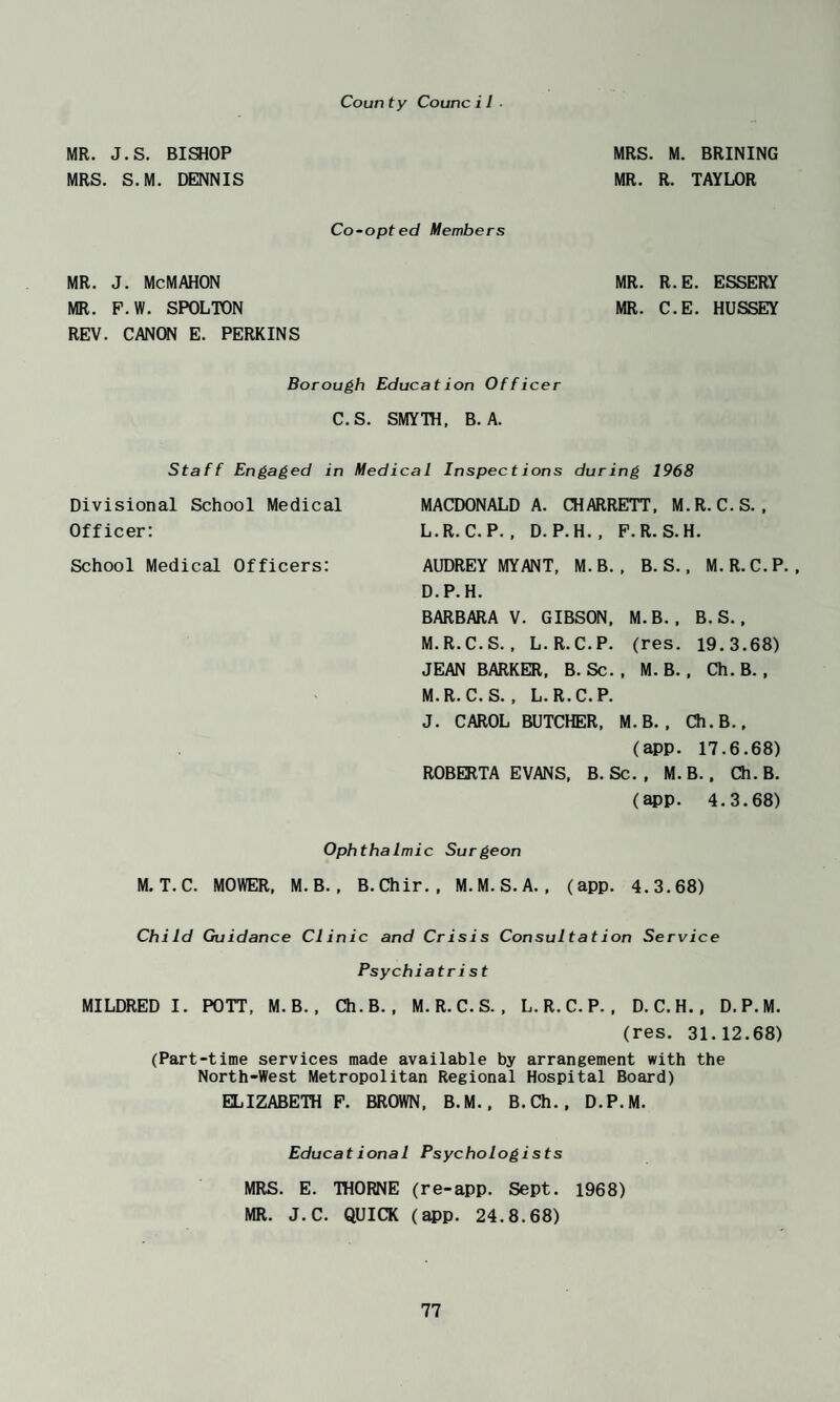 Court ty Counc i 1 ■ MR. J.S. BISHOP MRS. M. BRINING MRS. S.M. DENNIS MR. R. TAYLOR Co-opted Members MR. J. McMAHON MR. R.E. ESSERY MR. P.W. SPOLTON MR. C.E. HUSSEY REV. CANO^ E. PERKINS Borough Education Officer C.S. SMYTH, B. A. Staff Engaged in Medical Inspections during 1968 Divisional School Medical Officer: School Medical Officers: MACDONALD A. CHARRETT, M.R.C.S. , L. R.C.P. , D. P.H. , P.R. S.H. AUDREY MYANT, M.B. , B. S.. M.R.C.P. . D.P.H. BARBARA V. GIBSON. M.B., B.S., M. R.C.S., L.R.C.P, (res. 19.3.68) JEAN BARKER, B. Sc. , M.B., Ch. B., M.R.C.S., L.R.C.P. J. CAROL BUTCHER, M.B., Ch.B.. (app. 17.6.68) ROBERTA EVANS, B. Sc. , M.B., Ch.B. (app. 4.3.68) Ophthalmic Surgeon M. T. C. MOWER, M. B., B. Chir., M.M.S. A. , (app. 4.3.68) Child Guidance Clinic and Crisis Consultation Service Psychiatrist MILDRED I. POTT, M.B., Ch.B., M.R.C.S., L.R.C.P., D.C.H., D.P.M. (res. 31.12.68) (Part-time services made available by arrangement with the North-West Metropolitan Regional Hospital Board) ELIZABETH P. BROWN, B.M., B.Ch., D.P.M. Educational Psychologists MRS. E. THORNE (re-app. Sept. 1968) MR. J.C. QUICK (app. 24.8.68)