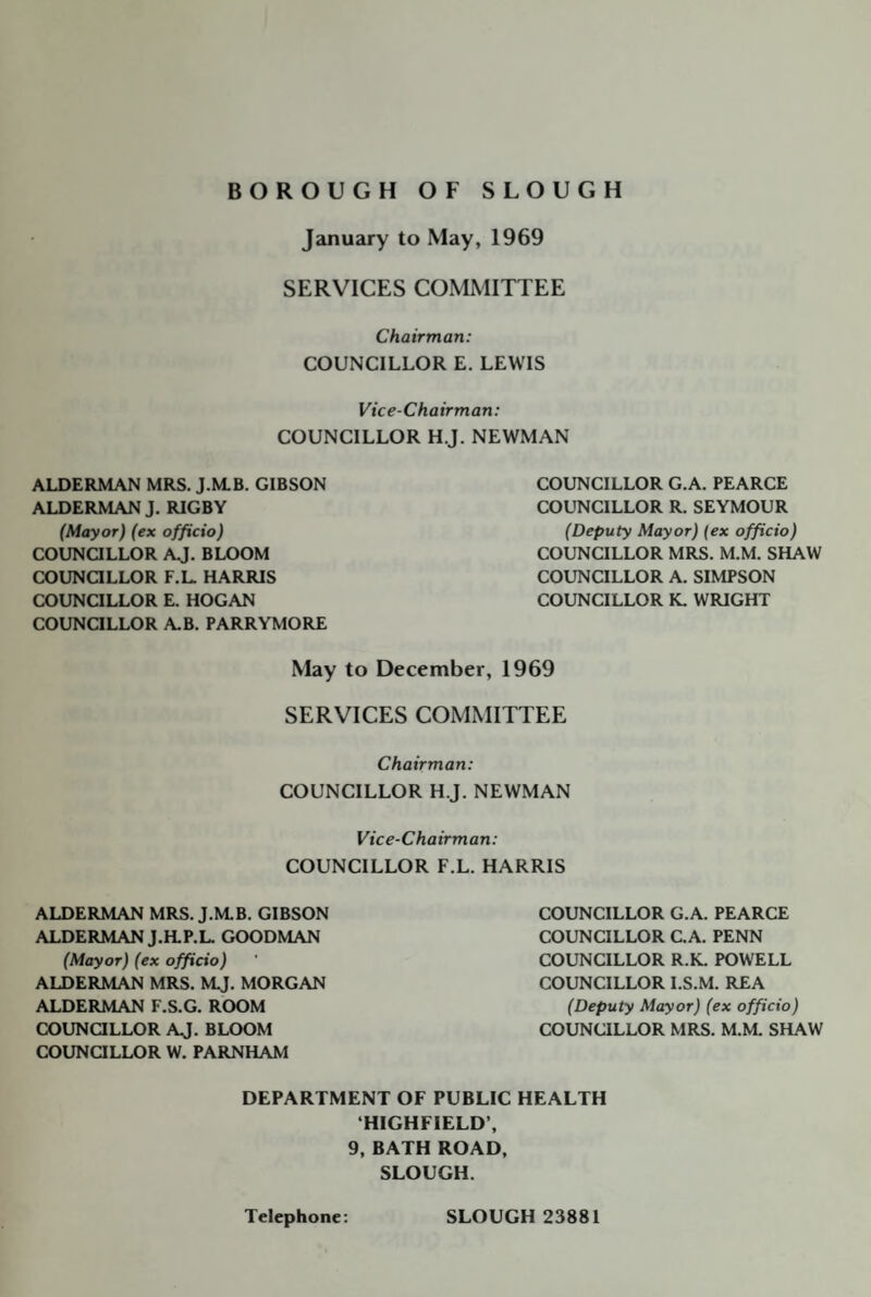 BOROUGH OF SLOUGH January to May, 1969 SERVICES COMMITTEE Chairman: COUNCILLOR E. LEWIS Vice-Chairman: COUNCILLOR H.J. NEWMAN ALDERMAN MRS. J.M.B. GIBSON ALDERMAN J. RIGBY (Mayor) (ex officio) COUNaLLOR AJ. BLOOM COUNQLLOR F.L. HARRIS COUNCILLOR E. HOGAN COUNCILLOR AB. PARRYMORE COUNCILLOR G.A. PEARCE COUNCILLOR R. SEYMOUR (Deputy Mayor) (ex officio) COUNCILLOR MRS. M.M. SHAW COUNCILLOR A. SIMPSON COUNCILLOR K. WRIGHT May to December, 1969 SERVICES COMMITTEE Chairman: COUNCILLOR H.J. NEWMAN Vice-Chairman: COUNCILLOR F.L. HARRIS ALDERMAN MRS. J.M.B. GIBSON ALDERMAN J.H.P.L. GOODMAN (Mayor) (ex officio) ALDERMAN MRS. M.J. MORGAN ALDERMAN F.S.G. ROOM COUNaLLOR AJ. BLOOM COUNaLLOR W. PARNHAM COUNCILLOR G.A. PEARCE COUNCILLOR C.A. PENN COUNCILLOR R.K. POWELL COUNCILLOR I.S.M. REA (Deputy Mayor) (ex officio) COUNaLLOR MRS. M.M. SHAW DEPARTMENT OF PUBLIC HEALTH ‘HIGHFIELD’, 9, BATH ROAD, SLOUGH. Telephone: SLOUGH 23881