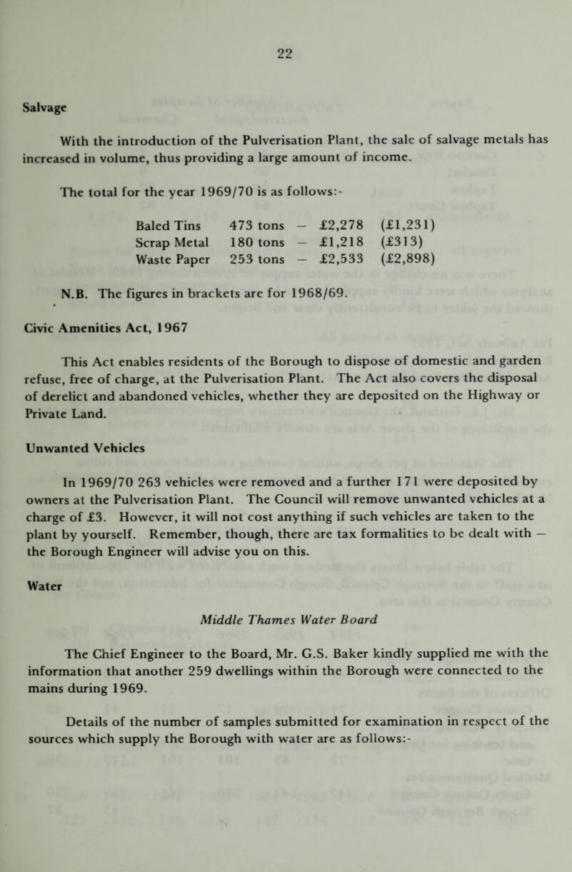 Salvage With the introduction of the Pulverisation Plant, the sale of salvage metals has increased in volume, thus providing a large amount of income. The total for the year 1969/70 is as follows:- BaledTins 473 tons - £2,278 (£1,231) Scrap Metal 180 tons — £1,218 (£313) Waste Paper 253 tons — £2,533 (£2,898) N.B. The figures in brackets are for 1968/69. Civic Amenities Act, 1967 This Act enables residents of the Borough to dispose of domestic and garden refuse, free of charge, at the Pulverisation Plant. The Act also covers the disposal of derelict and abandoned vehicles, whether they are deposited on the Highway or Private Land. Unwanted Vehicles In 1969/70 263 vehicles were removed and a further 1 71 were deposited by owners at the Pulverisation Plant. The Council will remove unwanted vehicles at a charge of £3. However, it will not cost anything if such vehicles are taken to the plant by yourself. Remember, though, there are tax formalities to be dealt with — the Borough Engineer will advise you on this. Water Middle Thames Water Board The Chief Engineer to the Board, Mr. G.S. Baker kindly supplied me with the information that another 259 dwellings within the Borough were connected to the mains during 1969. Details of the number of samples submitted for examination in respect of the sources which supply the Borough with water are as follows:-