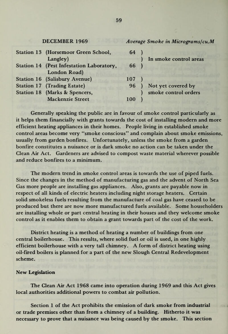 DECEMBER 1969 Average Smoke in Micrograms/cu.M Station 13 (Horsemoor Green School, 64 ) Langley) ) In smoke control areas Station 14 (Pest Infestation Laboratory, 66 ) London Road) Station 16 (Salisbury Avenue) 107 ) Station 17 (Trading Estate) 96 ) Not yet covered by Station 18 (Mcirks & Spencers, ) smoke control orders Mackenzie Street 100 ) Generally speaking the public are in favour of smoke control particularly as it helps them financially with grants towards the cost of installing modern and more efficient heating appliances in their homes. People living in established smoke control areas become very “smoke conscious” and complain about smoke emissions, usually from garden bonfires. Unfortunately, unless the smoke from a garden bonfire constitutes a nuisance or is dark smoke no action can be taken under the Clean Air Act. Gardeners are advised to compost waste material wherever possible and reduce bonfires to a minimum. The modern trend in smoke control areas is towards the use of piped fuels. Since the changes in the method of manufacturing gas and the advent of North Sea Gas more people are installing gas appliances. Also, grants are payable now in respect of all kinds of electric heaters including night storage heaters. Certain solid smokeless fuels resulting from the manufacture of coal gas have ceased to be produced but there are now more manufactured fuels available. Some householders are installing whole or part central heating in their houses and they welcome smoke control as it enables them to obtain a grant towards part of the cost of the work. District heating is a method of heating a number of buildings from one central boilerhouse. This results, where solid fuel or oil is used, in one highly efficient boilerhouse with a very tall chimney. A form of district heating using oil-fired boilers is planned for a part of the new Slough Central Redevelopment scheme. New Legislation The Clean Air Act 1968 came into operation during 1969 and this Act gives local authorities additional powers to combat air pollution. Section 1 of the Act prohibits the emission of dark smoke from industrial or trade premises other than from a chimney of a building. Hitherto it was necessary to prove that a nuisance was being caused by the smoke. This section