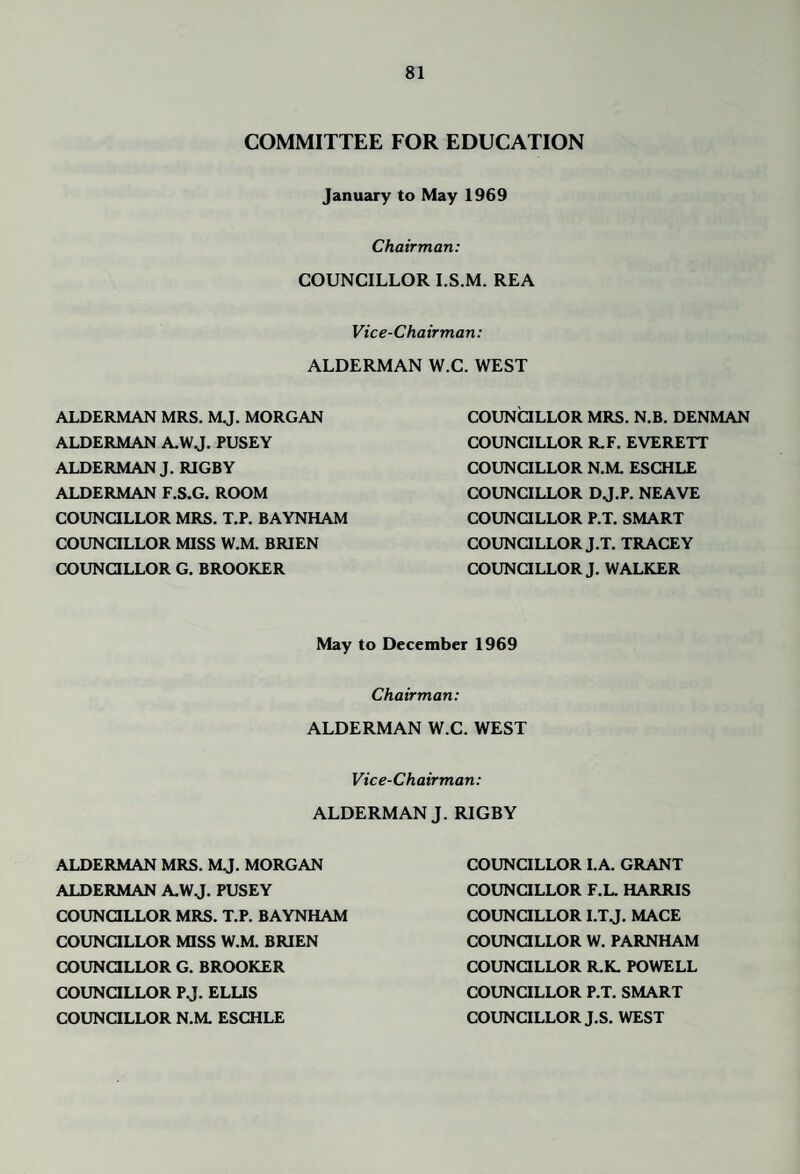 COMMITTEE FOR EDUCATION January to May 1969 Chairman: COUNCILLOR l.S.M. REA Vice-Chairman: ALDERMAN W.C. WEST ALDERMAN MRS. M.J. MORGAN ALDERMAN A.WJ, PUSEY ALDERMAN J. RIGBY ALDERMAN F.S.G. ROOM COUNaLLOR MRS. T.P. BAYNHAM COUNCILLOR MISS W.M. BRIEN COUNQLLOR G. BROOKER COUNCILLOR MRS. N.B. DENMAN COUNCILLOR R.F. EVERETT COUNCILLOR N.M, ESCHLE COUNCILLOR DJ.P. NEAVE COUNaLLOR P.T. SMART COUNOLLOR J.T. TRACEY COUNaLLOR J. WALKER May to December 1969 Chairman: ALDERMAN W.C. WEST Vice-Chairman: ALDERMAN J. RIGBY ALDERMAN MRS. MJ. MORGAN ALDERMAN AWJ. PUSEY COUNaLLOR MRS. T.P. BAYNHAM COUNaLLOR MISS W.M. BRIEN COUNaLLOR G. BROOKER COUNaLLOR P.J. ELUS COUNaLLOR N.M. ESCHLE COUNCILLOR LA. GRANT COUNaLLOR F.L. HARRIS COUNaLLOR I.TJ. MACE COUNaLLOR W. PARNHAM COUNaLLOR R.K. POWELL COUNCILLOR P.T. SMART COUNCILLOR J.S. WEST