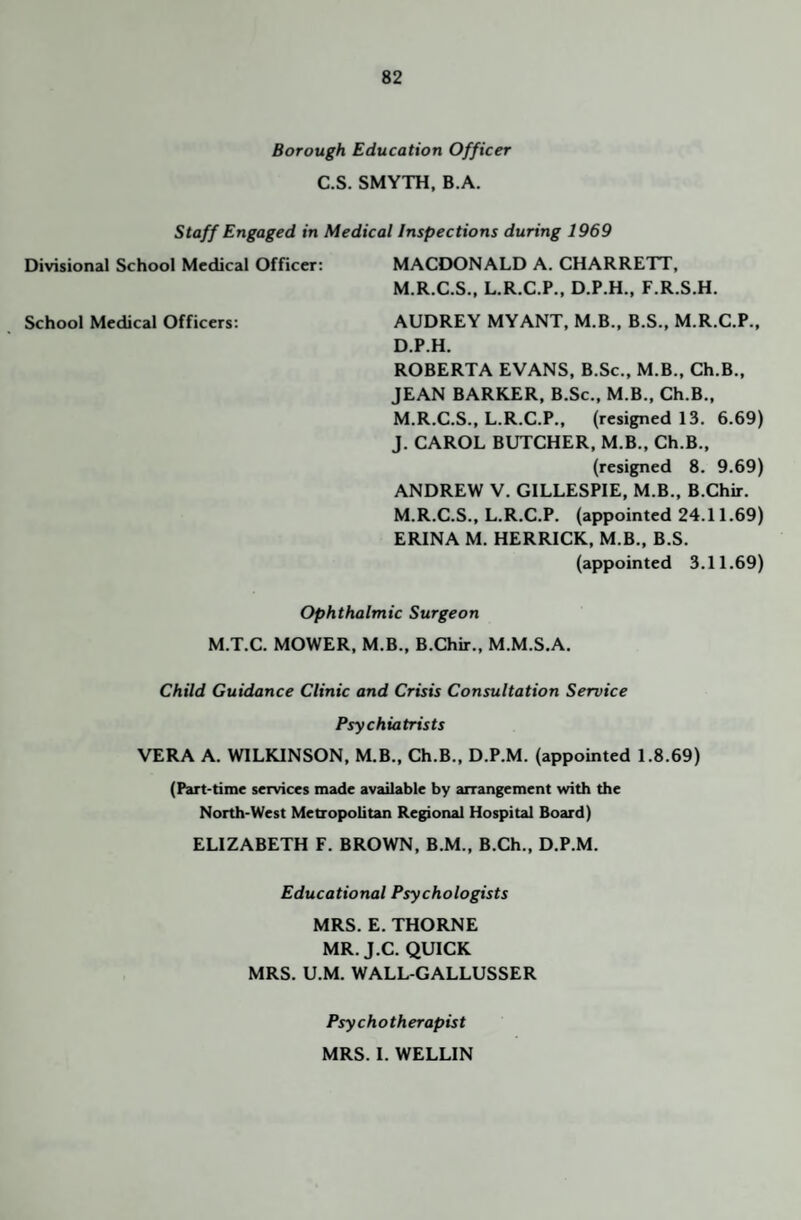 Borough Education Officer C.S. SMYTH, B.A. Staff Engaged in Medical Inspections during 1969 Divisional School Medical Officer: MACDONALD A. CHARRETT, M.R.C.S., L.R.C.P., D.P.H., F.R.S.H. School Medical Officers: AUDREY MYANT, M.B., B.S., M.R.C.P., D.P.H. ROBERTA EVANS, B.Sc., M.B., Ch.B., JEAN BARKER, B.Sc., M.B., Ch.B., M.R.C.S., L.R.C.P., (resigned 13. 6.69) J. CAROL BUTCHER, M.B., Ch.B., (resigned 8. 9.69) ANDREW V. GILLESPIE, M.B., B.Chir. M.R.C.S., L.R.C.P. (appointed 24.11.69) ERINA M. HERRICK, M.B., B.S. (appointed 3.11.69) Ophthalmic Surgeon M.T.C. MOWER, M.B., B.Chir., M.M.S.A. Child Guidance Clinic and Crisis Consultation Service Psychiatrists VERA A. WILKINSON, M.B., Ch.B., D.P.M. (appointed 1.8.69) (Part-time services made available by arrangement with the North-West Metropolitan Regional Hospital Board) ELIZABETH F. BROWN, B.M., B.Ch., D.P.M. Educational Psychologists MRS. E. THORNE MR. J.C. QUICK MRS. U.M. WALL-GALLUSSER Psychotherapist MRS. 1. WELLIN