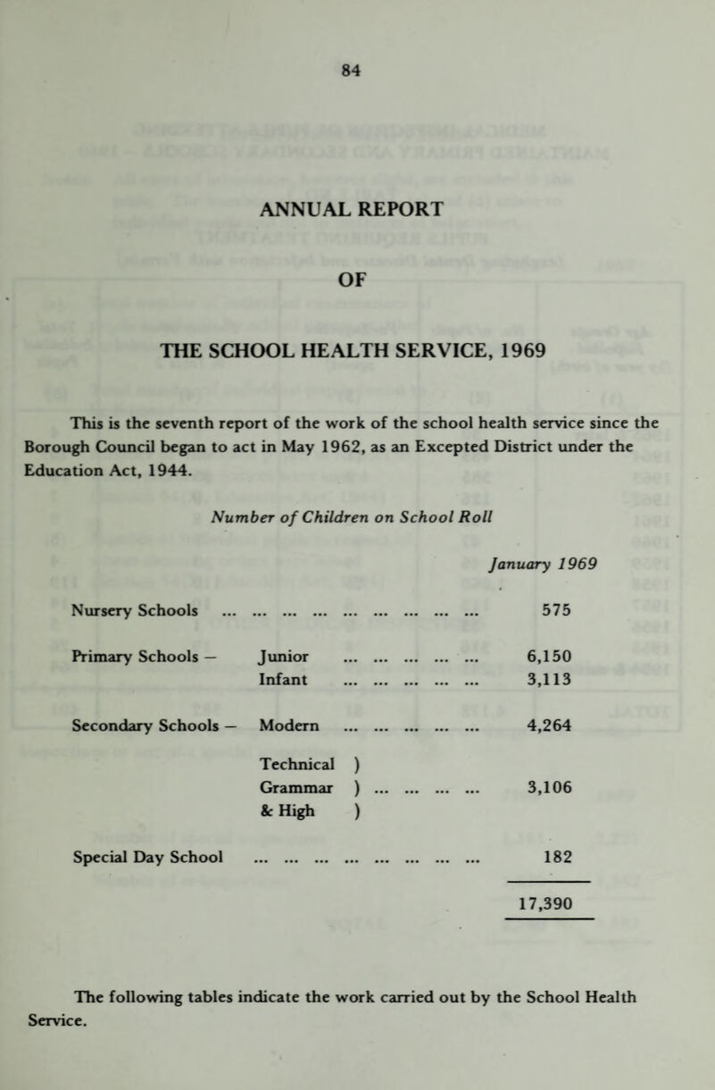 ANNUAL REPORT OF THE SCHOOL HEALTH SERVICE, 1969 This is the seventh report of the work of the school health service since the Borough Council began to act in May 1962, as an Excepted District under the Education Act, 1944. Number of Children on School Roll January 1969 Nursery Schools . . 575 Primary Schools — Jimior Infant . 6,150 3,113 Secondary Schools — Modern . 4,264 Technical Grammar & High ) ) 3,106 Special Day School ••• ••• 182 17,390 The following tables indicate the work carried out by the School Health Service.