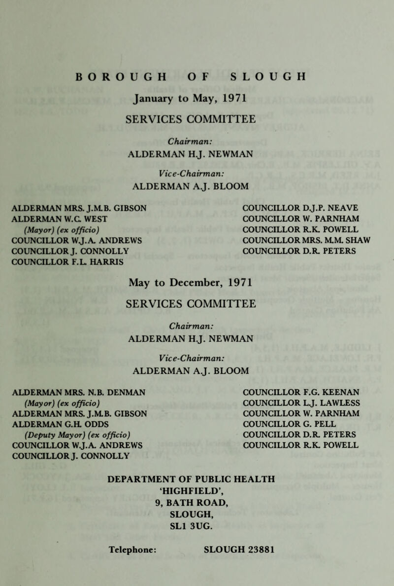 BOROUGH OF SLOUGH January to May, 1971 SERVICES COMMITTEE Chairman: ALDERMAN HJ. NEWMAN Vice-Chairman: ALDERMAN AJ. BLOOM ALDERMAN MRS. J.M.B. GIBSON ALDERMAN W.C WEST (Mayor) (ex officio) COUNCILLOR WJ. A ANDREWS COUNCILLOR J, CONNOLLY COUNCILLOR F.L. HARRIS COUNCILLOR DJ.P. NEAVE COUNCILLOR W. PARNHAM COUNCILLOR R.K. POWELL COUNCILLOR MRS. M.M. SHAW COUNCILLOR D.R PETERS May to December, 1971 SERVICES COMMITTEE Chairman: ALDERMAN H.J. NEWMAN Vice-Chairman: ALDERMAN A.J. BLOOM ALDERMAN MRS. N.B. DENMAN (Mayor) (ex officio) ALDERMAN MRS. J.M.B. GIBSON ALDERMAN G.H. ODDS (Deputy Mayor) (ex officio) COUNCILLOR W.J. A ANDREWS COUNaLLOR J. CONNOLLY COUNCILLOR F.G. KEENAN COUNCILLOR LJ. LAWLESS COUNCILLOR W. PARNHAM COUNCILLOR G. PELL COUNCILLOR D.R, PETERS COUNCILLOR R-K. POWELL DEPARTMENT OF PUBLIC HEALTH ‘HIGHFIELD’, 9, BATH ROAD, SLOUGH, SLl 3UG. Telephone: SLOUGH 23881