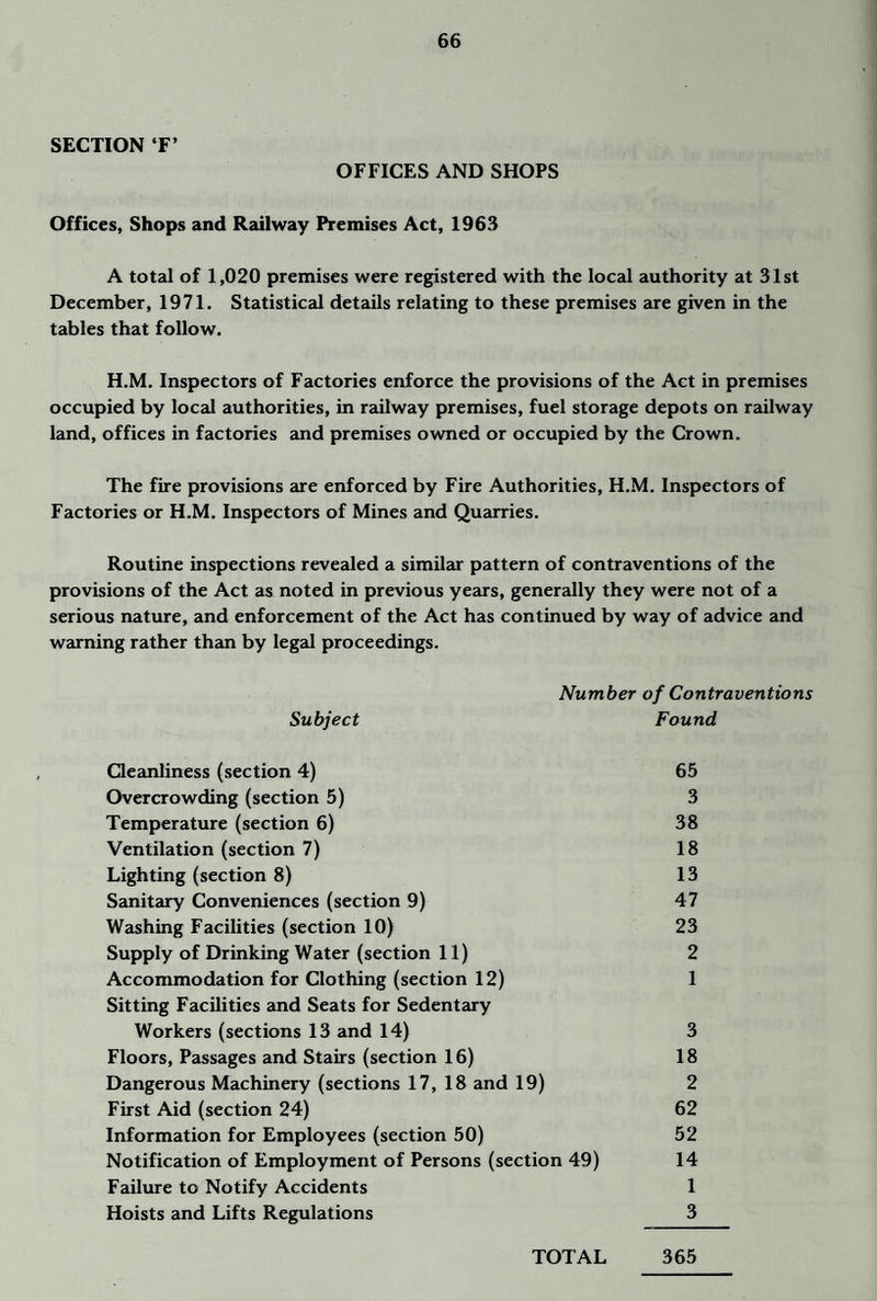 SECTION ‘F’ OFFICES AND SHOPS Offices, Shops and Railway Premises Act, 1963 A total of 1,020 premises were registered with the local authority at 31st December, 1971. Statistical details relating to these premises are given in the tables that follow. H.M. Inspectors of Factories enforce the provisions of the Act in premises occupied by local authorities, in railway premises, fuel storage depots on railway land, offices in factories and premises owned or occupied by the Crown. The fire provisions are enforced by Fire Authorities, H.M. Inspectors of Factories or H.M. Inspectors of Mines and Quarries. Routine inspections revealed a similar pattern of contraventions of the provisions of the Act as noted in previous years, generally they were not of a serious nature, and enforcement of the Act has continued by way of advice and warning rather than by legal proceedings. Number of Contraventions Subject Found Cleanliness (section 4) 65 Overcrowding (section 5) 3 Temperature (section 6) 38 Ventilation (section 7) 18 Lighting (section 8) 13 Sanitary Conveniences (section 9) 47 Washing Facilities (section 10) 23 Supply of Drinking Water (section 11) 2 Accommodation for Clothing (section 12) 1 Sitting Facilities and Seats for Sedentary Workers (sections 13 and 14) 3 Floors, Passages and Stairs (section 16) 18 Dangerous Machinery (sections 17, 18 and 19) 2 First Aid (section 24) 62 Information for Employees (section 50) 52 Notification of Employment of Persons (section 49) 14 Failure to Notify Accidents 1 Hoists and Lifts Regulations 3