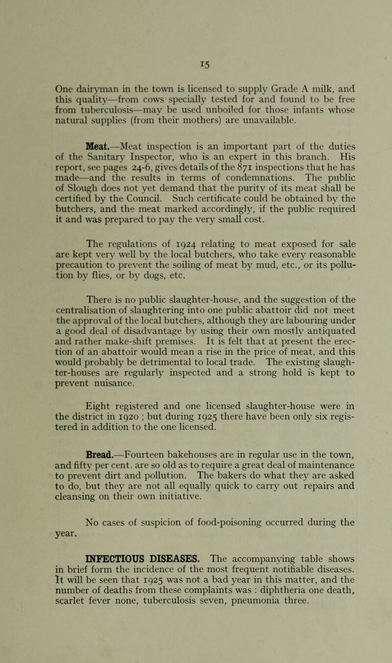 One dairyman in the town is licensed to supply Grade A milk, and this quality—from cows specially tested for and found to be free from tuberculosis—may be used unboiled for those infants whose natural supplies (from their mothers) are unavailable. Meat.—Meat inspection is an important part of the duties of the Sanitary Inspector, who is an expert in this branch. His report, see pages 24-6, gives details of the 871 inspections that he has made—and the results in terms of condemnations. The public of Slough does not yet demand that the purity of its meat shall be certified by the Council. Such certificate could be obtained by the butchers, and the meat marked according)}', if the public required it and was prepared to pay the very small cost. The regulations of 1924 relating to meat exposed for sale are kept very well by the local butchers, who take every reasonable precaution to prevent the soiling of meat by mud, etc., or its pollu¬ tion by flies, or bj' dogs, etc. There is no public slaughter-house, and the suggestion of the centrali.sation of slaughtering into one public abattoir did not meet the approval of the local butchers, although they are labouring under a good deal of disadvantage by using their own mostly antiquated and rather make-shift premises. It is felt that at present the erec¬ tion of an abattoir would mean a rise in the price of meat, and this would probably be detrimental to local trade. The existing slaugh¬ ter-houses are regularly inspected and a strong hold is kept to prevent nuisance. Eight registered and one licensed slaughter-house were in the district in 1920 ; but during 1925 there have been only six regis¬ tered in addition to the one licensed. Bread.—Fourteen bakehouses are in regular use in the town, and fifty per cent, are so old as to require a great deal of maintenance to prevent dirt and pollution. The bakers do what they are asked to do, but they are not all equally quick to carry out repairs and cleansing on their own initiative. No cases of suspicion of food-poisoning occurred during the year. INFECTIOUS DISEASES. The accompanying table shows in brief form the incidence of the most frequent notifiable diseases. It will be seen that 1925 was not a bad year in this matter, and the number of deaths from these complaints was : diphtheria one death, scarlet fever none, tuberculosis seven, pneumonia three.