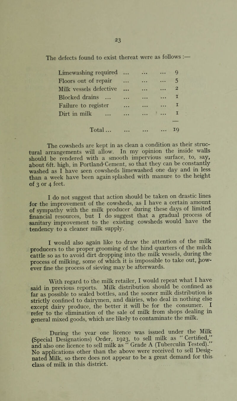 The defects found to exist thereat were as follows :— Limewashing required ... ... ... 9 Floors out of repair ... ... 5 Milk vessels defective ... ... ••• 2 Blocked drains. i Failure to register . i Dirt in milk ... ... ... ••• i Total.19 The cowsheds are kept in as clean a condition as their struc¬ tural arrangements will allow. In my opinion the inside walls should be rendered with a smooth impervious surface, to, say, about 6ft. high, in Portland-Cement, so that they can be constantly washed as I have seen cowsheds limewashed one day and in less than a week have been again splashed with manure to the height of 3 or 4 feet. I do not suggest that action should be taken on drastic lines for the improvement of the cowsheds, as I have a certain amount of sympathy with the milk producer during these days of limited financial resources, but I do suggest that a gradual process of sanitary improvement to the existing cowsheds would have the tendency to a cleaner milk supply. I would also again like to draw the attention of the rnilk producers to the proper grooming of the hind quarters of the milch cattle so as to avoid dirt dropping into the milk vessels, during the process of milking, some of which it is impossible to take out, Jiow- ever fine the process of sieving may be afterwards. With regard to the milk retailer, I would repeat what I have said in prev-ious reports. Milk distribution should be confined as far as possible to sealed bottles, and the sooner milk distribution is strictly confined to dairymen, and dairies, who deal in nothing else except dairy produce, the better it will be for the consumer. ^ I refer to the elimination of the sale of milk from shops dealing in general mixed goods, which are likely to contaminate the milk. During the year one licence was issued under the Milk (Special Designations) Order, 1923, to sell milk as “ Certified, and also one licence to seU mUk as “ Grade A (Tuberculin Tested).” No applications other than the above were received to sell Desig¬ nated Milk, so there does not appear to be a great demand for this class of milk in this district.