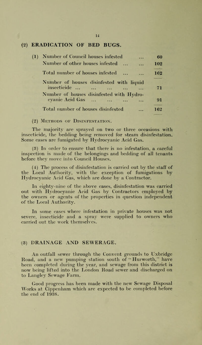 <2) ERADICATION OF BED BUGS. (1) Number of Council houses infested ... 60 Number of other houses infested ... ... 102 Total number of houses infested ... ... 162 Number of houses disinfested with liquid insecticide ... ... ... ... ... 71 Number of houses disinfested with Hydro¬ cyanic Acid Gas ... ... ... ... 91 Total number of houses disinfested ... 162 (2) Methods of Disinfestation. The majority are sprayed on two or three occasions with insecticide, the bedding being removed for steam disinfestation. Some cases are fumigated by Hydrocyanic Acid Gas. (3) In order to ensure that there is no infestation, a careful inspection is made of the belongings and bedding of all tenants before they move into Council Houses. (4) The jirocess of disinfestation is carried out by the staff of the Local Authority, with the exception of fumigations by Hydrocyanic Acid Gas, which are done by a Contractor. In eighty-nine of the above cases, disinfestation was carried out with Hydrocyanic Acid Gas by Contractors employed by the owners or agents of the properties in question independent of the Local Authority. In some cases where infestation in private houses was not severe, insecticide and a spray were supplied to owners who carried out the work themselves. (3) DRAINAGE AND SEWERAGE. An outfall sewer through the Convent grounds to Uxbridge Road, and a new pumping station south of “ Hurworth,” have been completed during the year, and sewage from this district is now being lifted into the London Road sewer and discharged on to Langley Sewage Farm. Good progress has been made with the new Sewage Disposal Works at Cippenham which are expected to be completed before the end of 1938.
