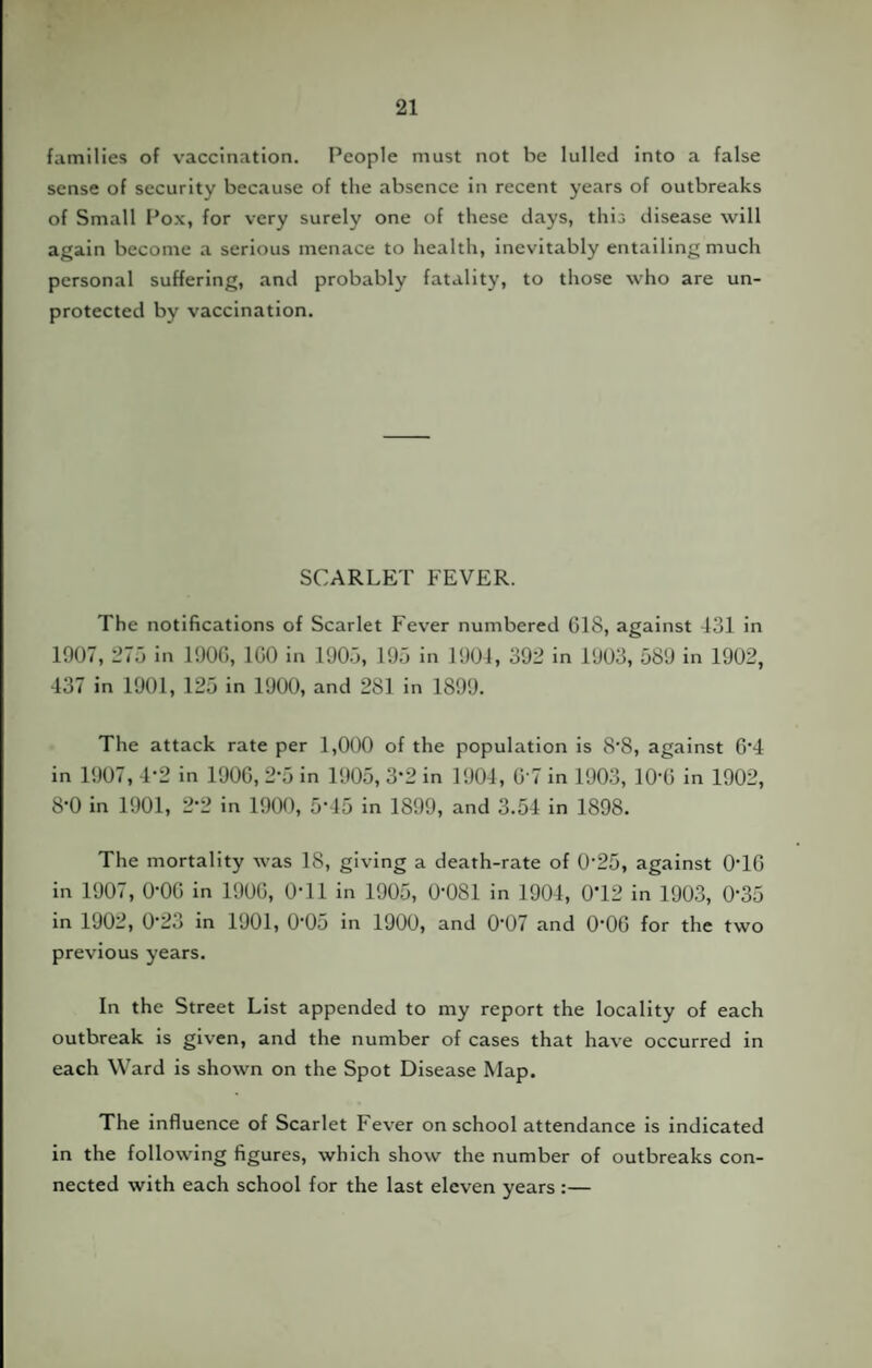 families of vaccination. People must not be lulled into a false sense of security because of the absence in recent years of outbreaks of Small Pox, for very surely one of these days, this disease will again become a serious menace to health, inevitably entailing much personal suffering, and probably fatality, to those who are un¬ protected by vaccination. SCARLET FEVER. The notifications of Scarlet Fever numbered 618, against 431 in 1907, 275 in 1906, 160 in 1905, 195 in 1904, 392 in 1903, 589 in 1902, 437 in 1901, 125 in 1900, and 281 in 1899. The attack rate per 1,000 of the population is 8'8, against 6'4 in 1907, 4*2 in 1906, 2’5 in 1905, 3*2 in 1904, 6 7 in 1903, 10*6 in 1902, 8-0 in 1901, 2-2 in 1900, 5'15 in 1899, and 3.54 in 1898. The mortality was 18, giving a death-rate of (F25, against 0T6 in 1907, O'OO in 1906, O'11 in 1905, 0‘081 in 1904, 0T2 in 1903, 035 in 1902, 0-23 in 1901, 005 in 1900, and 0’07 and O’OO for the two previous years. In the Street List appended to my report the locality of each outbreak is given, and the number of cases that have occurred in each Ward is shown on the Spot Disease Map. The influence of Scarlet Fever on school attendance is indicated in the following figures, which show the number of outbreaks con¬ nected with each school for the last eleven years :—