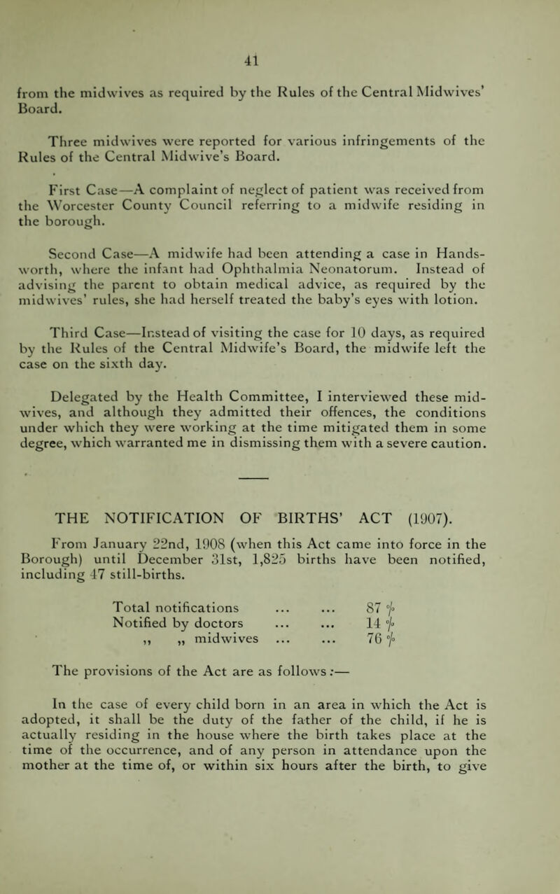 from the midwives as required by the Rules of the Central Midwives’ Board. Three midwives were reported for various infringements of the Rules of the Central Midwive’s Board. First Case—A complaint of neglect of patient was received from the Worcester County Council referring to a midwife residing in the borough. Second Case—A midwife had been attending a case in Hands- worth, where the infant had Ophthalmia Neonatorum. Instead of advising the parent to obtain medical advice, as required by the midwives’ rules, she had herself treated the baby’s eyes with lotion. Third Case—Instead of visiting the case for 10 days, as required by the Rules of the Central Midwife’s Board, the midwife left the case on the sixth day. Delegated by the Health Committee, I interviewed these mid¬ wives, and although they admitted their offences, the conditions under which they were working at the time mitigated them in some degree, which warranted me in dismissing them with a severe caution. THE NOTIFICATION OF BIRTHS’ ACT (1907). From January 22nd, 1908 (when this Act came into force in the Borough) until December 31st, 1,825 births have been notified, including 47 still-births. Total notifications ... ... 87 °/> Notified by doctors ... ... 14 j° ,, „ midwives ... ... 76 °/° The provisions of the Act are as follows:— In the case of every child born in an area in which the Act is adopted, it shall be the duty of the father of the child, if he is actually residing in the house where the birth takes place at the time of the occurrence, and of any person in attendance upon the mother at the time of, or within six hours after the birth, to give