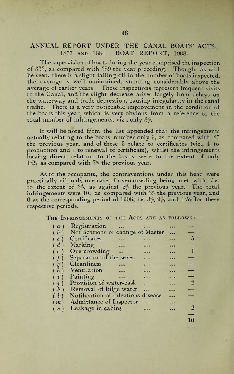 ANNUAL REPORT UNDER THE CANAL BOATS’ ACTS, 1877 and 1884. BOAT REPORT, 1908. The supervision of boats during the year comprised the inspection of 333, as compared with 389 the year preceding. Though, as will be seen, there is a slight falling off in the number of boats inspected, the average is well maintained, standing considerably above the average of earlier years. These inspections represent frequent visits to the Canal, and the slight decrease arises largely from delays on the waterway and trade depression, causing irregularity in the canal traffic. There is a very noticeable improvement in the condition of the boats this year, which is very obvious from a reference to the total number of infringements, viz , only 3°/°. It will be noted from the list appended that the infringements actually relating to the boats number only 9, as compared with 27 the previous year, and of these 5 relate to certificates (viz., 4 to production and 1 to renewal of certificate), whilst the infringements having direct relation to the boats were to the extent of only l’2f as compared with 7°/» the previous year. As to the occupants, the contraventions under this head were practically nil, only one case of overcrowding being met with, i.e. to the extent of 3°/°, as against 2°/° the previous year. The total infringements were 10, as compared with 35 the previous year, and 6 at the corresponding period of 1906, i.e. 3°/°, 9°/°, and T5°/° for these respective periods. The Infringements of the Acts are as follows :— ( a) Registration — ( b ) Notifications of change of Master ... — ( c ) Certificates 5 (d) Marking — ( e ) Overcrowding 1 (/) Separation of the sexes — (g) Cleanliness — (h) Ventilation — (*') Fainting ... ... . . — ( j ) Provision of water-cask 2 ( k ) Removal of bilge water ... — ( l ) Notification of infectious disease — (m) Admittance of Inspector ... — ( n ) Leakage in cabins ... 2 10