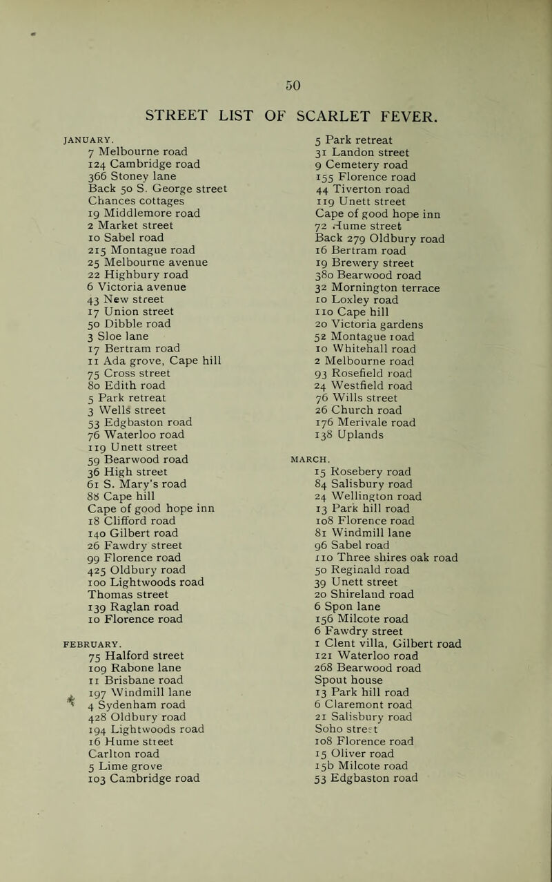 STREET LIST OF SCARLET FEVER. JANUARY. 7 Melbourne road 124 Cambridge road 366 Stoney lane Back 50 S. George street Chances cottages 19 Middlemore road 2 Market street 10 Sabel road 215 Montague road 25 Melbourne avenue 22 Highbury road 6 Victoria avenue 43 New street 17 Union street 50 Dibble road 3 Sloe lane 17 Bertram road 11 Ada grove, Cape hill 75 Cross street 80 Edith road 5 Park retreat 3 Wells street 53 Edgbaston road 76 Waterloo road 119 Unett street 59 Bearwood road 36 High street 61 S. Mary’s road 88 Cape hill Cape of good hope inn 18 Clifford road 140 Gilbert road 26 Fawdry street 99 Florence road 425 Oldbury road 100 Light woods road Thomas street 139 Raglan road 10 Florence road FEBRUARY. 75 Halford street 109 Rabonelane 11 Brisbane road 197 Windmill lane ' 4 Sydenham road 428 Oldbury road 194 Lightwoods road 16 Hume stieet Carlton road 5 Lime grove 103 Cambridge road 5 Park retreat 31 Landon street 9 Cemetery road 155 Florence road 44 Tiverton road 119 Unett street Cape of good hope inn 72 Hume street Back 279 Oldbury road 16 Bertram road 19 Brewery street 380 Bearwood road 32 Mornington terrace 10 Loxley road no Cape hill 20 Victoria gardens 52 Montague load 10 Whitehall road 2 Melbourne road 93 Rosefield road 24 Westfield road 76 Wills street 26 Church road 176 Merivale road 138 Uplands MARCH. 15 Rosebery road 84 Salisbury road 24 Wellington road 13 Park hill road 108 Florence road 81 Windmill lane 96 Sabel road no Three shires oak road 50 Reginald road 39 Unett street 20 Shireland road 6 Spon lane 156 Milcote road 6 Fawdry street 1 Clent villa, Gilbert road 121 Waterloo road 268 Bearwood road Spout house 13 Park hill road 6 Claremont road 21 Salisbury road Soho street 108 Florence road 15 Oliver road 15b Milcote road 53 Edgbaston road