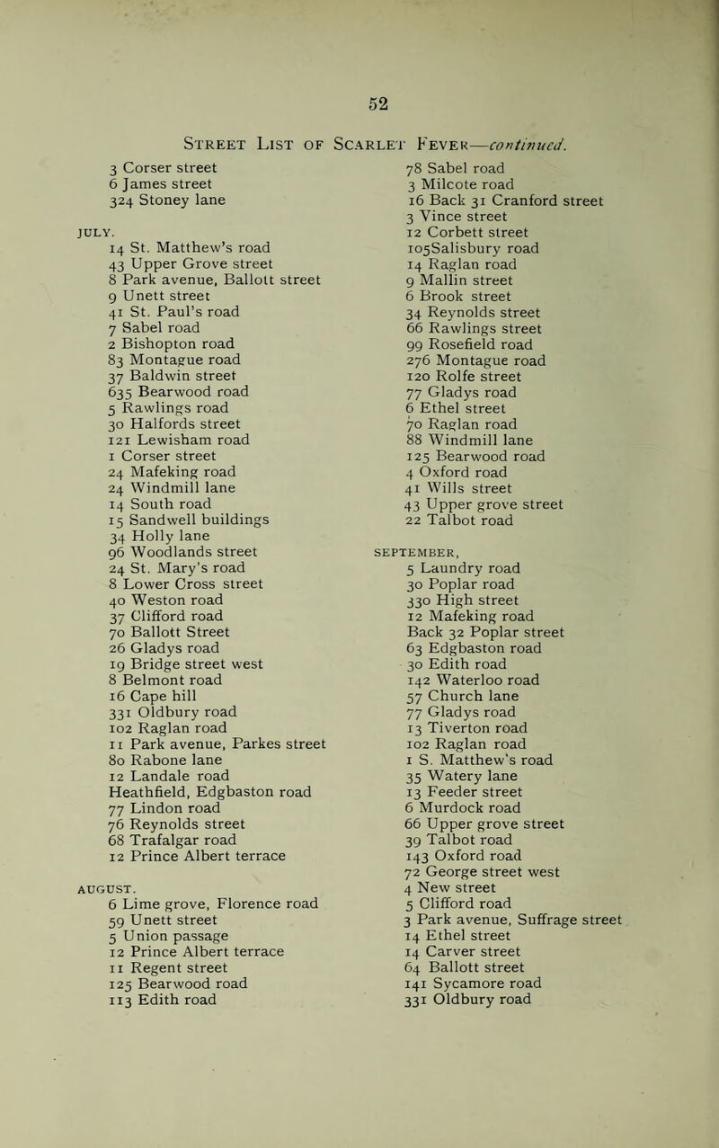 Street List of 3 Corser street 6 James street 324 Stoney lane JULY. 14 St. Matthew’s road 43 Upper Grove street 8 Park avenue, Ballolt street 9 Unett street 41 St. Paul’s road 7 Sabel road 2 Bishopton road 83 Montague road 37 Baldwin street 635 Bearwood road 5 Rawlings road 30 Halfords street 121 Lewisham road I Corser street 24 Mafeking road 24 Windmill lane 14 South road 15 Sandwell buildings 34 Holly lane 96 Woodlands street 24 St. Mary’s road 8 Lower Cross street 40 Weston road 37 Clifford road 70 Ballott Street 26 Gladys road 19 Bridge street west 8 Belmont road 16 Cape hill 331 Oldbury road 102 Raglan road II Park avenue, Parkes street 80 Rabone lane 12 Landale road Heathfield, Edgbaston road 77 Lindon road 76 Reynolds street 68 Trafalgar road 12 Prince Albert terrace AUGUST. 6 Lime grove, Florence road 59 Unett street 5 Union passage 12 Prince Albert terrace 11 Regent street 125 Bearwood road 113 Edith road Scarlet' Pevek—continued. 78 Sabel road 3 Milcote road 16 Back 31 Cranford street 3 Vince street 12 Corbett street iosSalisbury road 14 Raglan road 9 Mallin street 6 Brook street 34 Reynolds street 66 Rawlings street 99 Rosefield road 276 Montague road 120 Rolfe street 77 Gladys road 6 Ethel street 70 Raglan road 88 Windmill lane 125 Bearwood road 4 Oxford road 41 Wills street 43 Upper grove street 22 Talbot road SEPTEMBER, 5 Laundry road 30 Poplar road 330 High street 12 Mafeking road Back 32 Poplar street 63 Edgbaston road 30 Edith road 142 Waterloo road 57 Church lane 77 Gladys road 13 Tiverton road 102 Raglan road 1 S. Matthew’s road 35 Watery lane 13 Feeder street 6 Murdock road 66 Upper grove street 39 Talbot road 143 Oxford road 72 George street west 4 New street 5 Clifford road 3 Park avenue, Suffrage street 14 Ethel street 14 Carver street 64 Ballott street 141 Sycamore road 331 Oldbury road