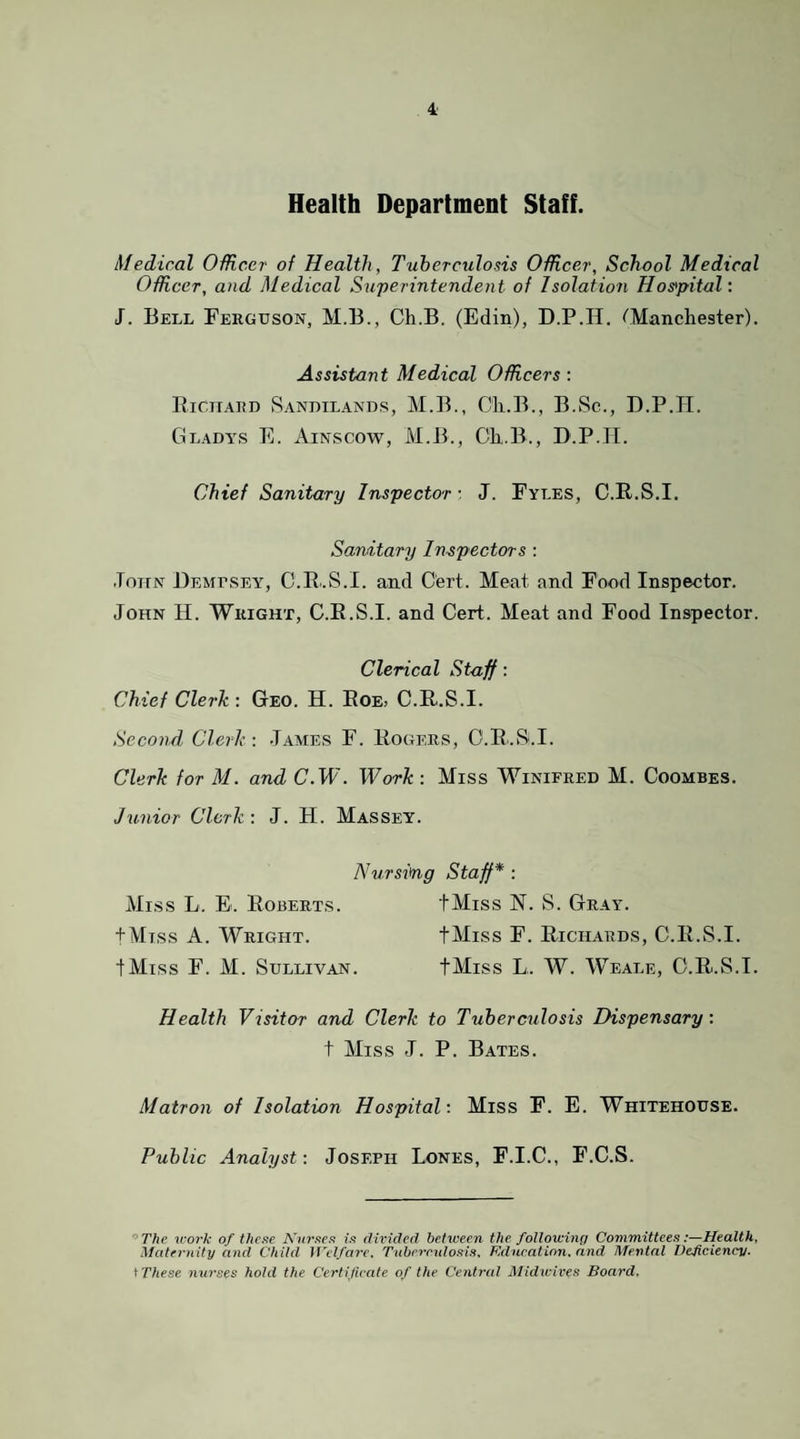Health Department Staff. Medical Officer of Health, Tuberculosis Officer, School Medical Officer, and Medical Swperintendeni of Isolation Hos*pital: J. Bell Ferguson, M.B., Ch.B. (Edin), D.P.H, ('Manchester). Assistant Medical Officers'. Bicttard Sanuilands, M.B., Ch.B., B.Sc., D.P.TI. Gladys E. Ainscow, M.B., Ch.B., D.P.H. Chief Sanitary Inspector • J. Fyles, C.R.S.I. Sanitary Inspectors : JoTtN Demusey, C.Bi.S.I. and Cert. Meat and Food Inspector. John H. Wright, C.E.S.I. and Cert. Meat and Food Inspector. Clerical Staff: Chief Clerk ; Geo. H. Eoe, C.E.S.I. Second Clerk: James F. Eogeus, C.E.S.I. Clerk for M. and C.W. Work : Miss Winifred M. Coombes. Junior Clerk: J. H. Massey. Nursing Staff* : Miss L. E. Eoberts. tMiss N. S. Gray. + Mtss a. Wright. tMiss F. Eichards, C.E.S.I. •fMiss F. M. Sullivan. tMiss L. W. Weale, C.E.S.I. Health Visitor and Clerk to Tuberculosis Dispensary: t Miss J. P. Bates. Matron of Isolation Hospital: Miss F. E. Whitehouse. Public Analyst: Joseph Lones, F.I.C., F.C.S. ‘’‘The work of thexe Kurxex ix (Jirided between the following Committeex:—Health, Maternity and Child Welfare. Tubrreuloxis, Edncatinn. and Mental Deficiency. \ These nurses hold the Certificate of the Central Midicivex Board,