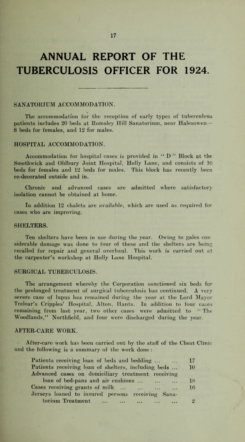 ANNUAL REPORT OF THE TUBERCULOSIS OFFICER FOR 1924. SANATORIUM ACCOMMODATION. The accommodation for the reception of early types of tuberculous patients includes 20 beds at llomsley Hill Sanatorium, near Halesowen — 8 beds for females, and 12 for males. HOSPITAL ACCOMMODATION. Accommodation for hospital cases is provided in “ D ” Block at the Smethwick and Oldbury Joint Hospital, Holly Lane, and consists of 10 beds for females and 12 beds for males. This block has recently been re-decorated outside and in. Chronic and advanced cases are admitted where satisfactory isolation cannot be obtained at home. In addition 12 chalets are available, which are used as required for cases who are improving. SHELTERS. Ten shelters have been in use during the year. Owing to gales con siderable damage was done to four of these and the shelters are being lecalled for repair and general overhaul. This work is carried out at the carjjenter’s workshop at Holly Laiie Hospital. SURGICAL TUBERCULOSIS. The arrangement whereby the Corporation sanctioned six beds for the prolonged treatment of surgical tuberculosis has continued. A very severe case of lupus has remained during the year at the Lord Mayor Treloar’s Cripj)les’ Hospital, Alton, Hants. In addition to four cases remaining from last year, two other cases were admitted to “ The Woodlands,” Northfield, and four were discharged during the year. AFTER-CARE WORK. After-care work has Ijeen carried out by the staff of the Chest Clinic and the following is a suminai'y of the work done ; Patients receiving loan of beds and bedding ... ... 17 Patients receiving loan of shelters, including Ijeds ... 10 Advanced cases on domiciliary treatment receiving loan of bed-pans and air cushions ... ... ... 18 Cases receiving grants of milk ... ... . 16 Jerseys loaned to insured Iversons receiving Sana¬ torium Treatment ... . ... ... 2