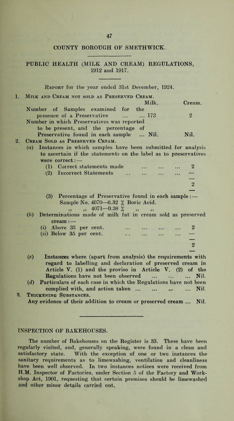 COUNTY BOROUGH OF SMETHWICK. PUBLIC HEALTH (MILK AND CREAM) REGULATIONS, 1912 and 1917. Rkpobt for tlie year ended 31st December, 1924. 1. Milk and Cbeam not sold as Pbeseeved Cbeam. Milk. Cream. Number of Samples examined for the piesence of a Preservative ... ... 173 2 Number in which Preservatives was reported to be present, and the percentage of Preservative found in each sample ... Nil. Nil. 2. Cbeam Sold as Pbeseeved Cbeam. (a) Instances in which samples have been submitted for analysis to ascertain if the statements on the label as to preservatives were correct: — (1) Correct statements made 2 (2) Incorrect Statements ... ... ... ... — 2 (3) Percentage of Preservative found in each sample; — Sample No. 4070—0.32 % Boric Acid. „ „ 4071-0.38 % ,, „ (b) Determinations made of milk fat in cream sold as preserved cream: — (i) Above 35 per cent. ... ... ... ... 2 (ii) Below 35 per cent. — 2 (c) Instances where (apart from analysis) the requirements with regard to labelling and declaration of preserved cream in Article V. (1) and the proviso in Article V. (2) of the Regulations have not been observed . ... Nil. (d) Particulars of each case in which the Regulations have not been complied with, and action taken. ... Nil. 3. Thickening Substances. Any evidence of their addition to cream or preserved cream ... Nil. INSPECTION OF BAKEHOUSES. The number of Bakehouses on the Register is 33. These have been regularly visited, and, generally speaking, were found in a clean and satisfactory state. With the exception of one or two instances the sanitary requirements as to limewashing, ventilation and cleanliness have been well observed. In two instances notices were received from H.M. Inspector of Factories, under Section 5 of the Factory and Work¬ shop Act, 1901, requesting that certain premises should be limewashed ond other minor details carried out,