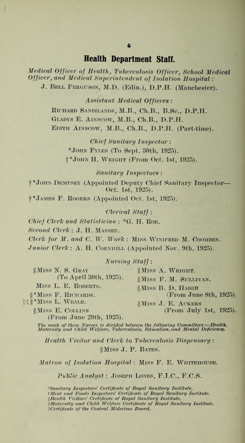 Health Department Staff. Medical Officer of Health, Tuberculosis Officer, School Medical Officer, and Medical Supcriutcudent of Isolation Hospital : J. Bell Ferguson, M.D. (Edin.), D.F.H. (Manchester). Assistant Medical Officers: Richard Sandilands^ M.B., Ch.B., B.Sc., D.P.IT. Gladys E. Ainscow, M.B., Ch.B., D.P.H. Edith Ainscow, M.B., Ch.B., D.P.II. (Part-time). Chief Sanitari/ Inspector: *JOHN Fyles (To Sept. 30th, 192.1). f *JoHN II. Wright (From Oct. 1st, 192.1). Sanitary Inspectors : ■j-*JoHN Dempsey (Appointed De])ntv Chief Sanitary Inspector— Oct. 1st, 1925). f *J.ames F. Rogers (Ai»])ointed Oct. 1st, 192,1). Clerical Staff : Chief Cleric and Statisticia)i : *G. H. Roe. Seeond Cleric: J. H. Massey. Cleric for M. and C. Work : Miss Winifred M. Coombes. Junior Clerk: A. H. Cornhill (Ajipointed Noy. 9tli, 192,1). §]\Iiss N. S. Gray (To April 30th, 1925). Miss L. E. Roberts. §*]Mrss F. Richards. |§*Miss L. Weale. §:\Iiss E. Collins (From .Time 29th, 192.1). Nui'sinrj Staff: §]Miss A. Wright. §Miss F. M. Sullivan. §Miss B. D. IIaigh /From -June 8th, 192,1) §Miss .1. E. Ackers (From .Jnl.v 1st, 192.1) The rcork of these. Nurses is divided between the following Committees:—Health, Maternity and Child IVelfare, Tuberculosis, Education, and Mental Deficiency. Health Visitor and Clerk to Tuberculosis Dispensary : §Miss ,T. P. Bates. Matron of Isolation Hospital : Miss F. E. 1Vhitehou.se. Publie Analyst: .Ioseph Lones, F.I.C., F.C.S. ’’Sanitary Inspectors' Certifleate of Royal Sanitary Institute. \Meat and Foods Inspectors’ Certificate of Royal Sanitary Institute. XHealth T’isitors' Certificate of Royal Sanitary Institute, WMaterntty and Child IVelfare Certificate of Royal Sanitary Institute. ^Certificate of the Central Midwives Board.