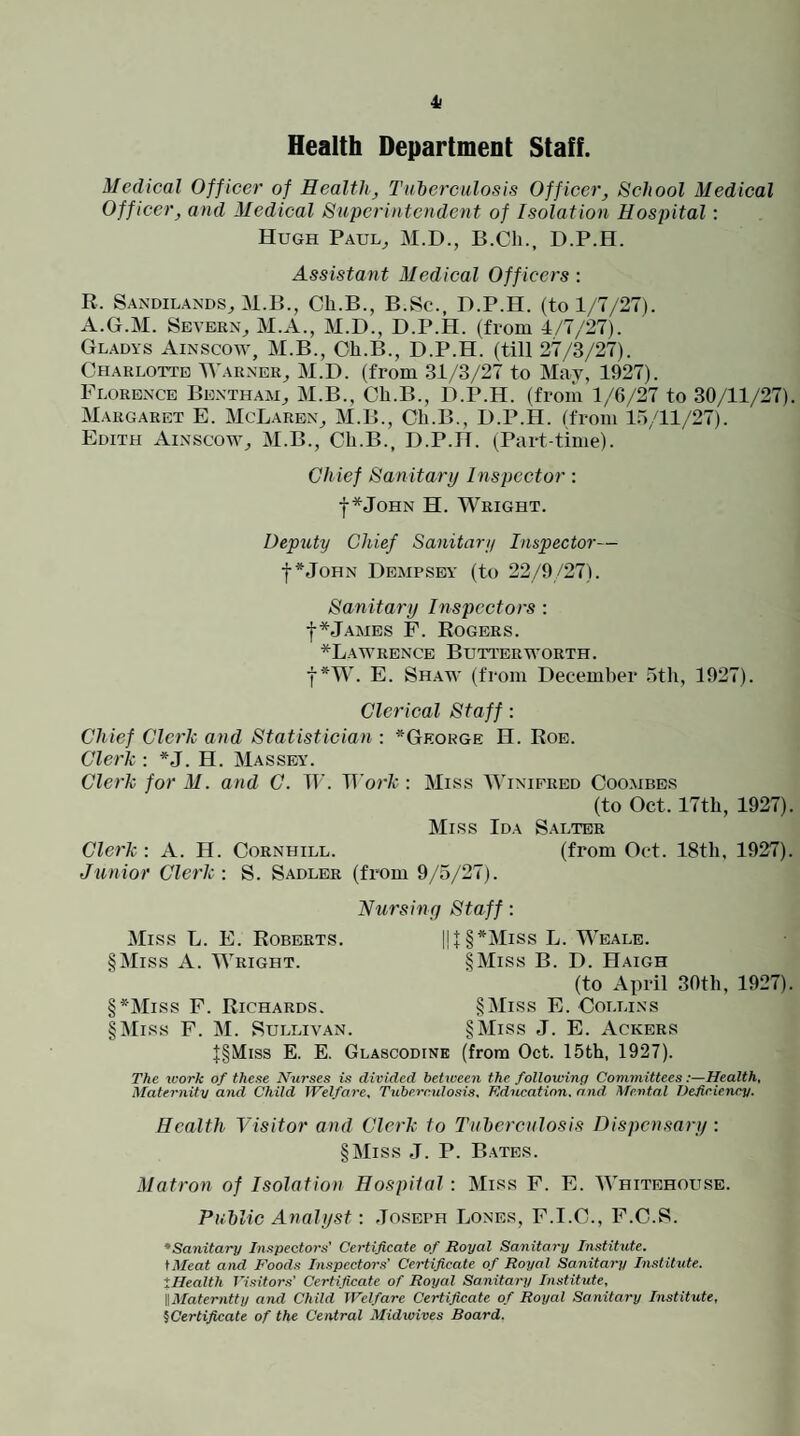 Health Department Staff. Medical Officer of Health, Tuberculosis Officer, School Medical Officer, and Medical Superintendent of Isolation Hospital: Hugh Paul^, M.D., B.Cli., D.P.H. Assistant Medical Off icers: R. Sandilands^ M.B., Ch.B., B.Sc., D.P.H. (to 1/7/27). A.G.M. Severn^ M.A., M.D., D.P.H. (from 4/7/27). GL.4DYS Ainscow, M.B., Oli.B., D.P.H. (till 27/3/27). Charlotte AYar.ner^ M.D. (from 31/3/27 to May, 1927). Florence Bentham, M.B., Ch.B., D.P.H. (from 1/6/27 to 30/11/27). Margaret E. McL.4rex^ M.B., Cli.B., D.P.H. (from 1.7/11/27). Edith Ainscow^ M.B., Ch.B., D.P.H. (Part-time). Chief San itary Inspector: f *JoHN H. Wright. Depjity Chief Sanitary Inspector— f*JoHN Dempsey (to 22/9/27). Sanitary Inspectors : f*jAMEs F. Rogers. *L A whence Butter worth. f *W. E. Shaw (from December 5th, 1927). Clerical Staff : Chief Clerk and Statistician : *Gkorge H. Roe. Clerk : *J. H. Massey. Clerk for M. and C. 71'. TT'orA': Miss IYinipred Coombbs (to Oct. 17th, 1927). Miss Ida Salter Clerk : A. H. Cornhill. (from Oct. 18th, 1927). Jiinior Clerk: S. Sadler (from 9/5/27). Nursiny Staff: Miss L. E. Roberts. §Miss A. Wright. |!l§*Miss L. Weale. §Miss B. D. Haigh (to April 30th, 1927). §*Miss F. Richards. §Miss E. Collins §]\Iiss F. M. Sullivan. §Miss J. E. Ackers |§Miss E. E. Glascodine (from Oct. 15th, 1927). The work of these Nurses is divided between the following CommitteesHealth, Maternity and Child Welfare, Tubere.ulosis, Education, and Mental Deficienry. Health Visitor and Clerk to Tuberculosis Dispen.sary: §Miss J. P. B.ates. Matron of Isolation Hospital: Miss F. E. Whitehouse. Public Analyst: Joseph Lones, F.T.C., F.C.S. *Sanitary Inspectors' Certificate of Royal Sanitary Institute. \Meat and Foods Inspectors' Certificate of Royal Sanitary Institute. iHealth Wsitors' Certificate of Royal Sanitary Institute, WMaterntty and Child Welfare Certificate of Royal Sanitary Institute, ^Certificate of the Central Midwives Board.