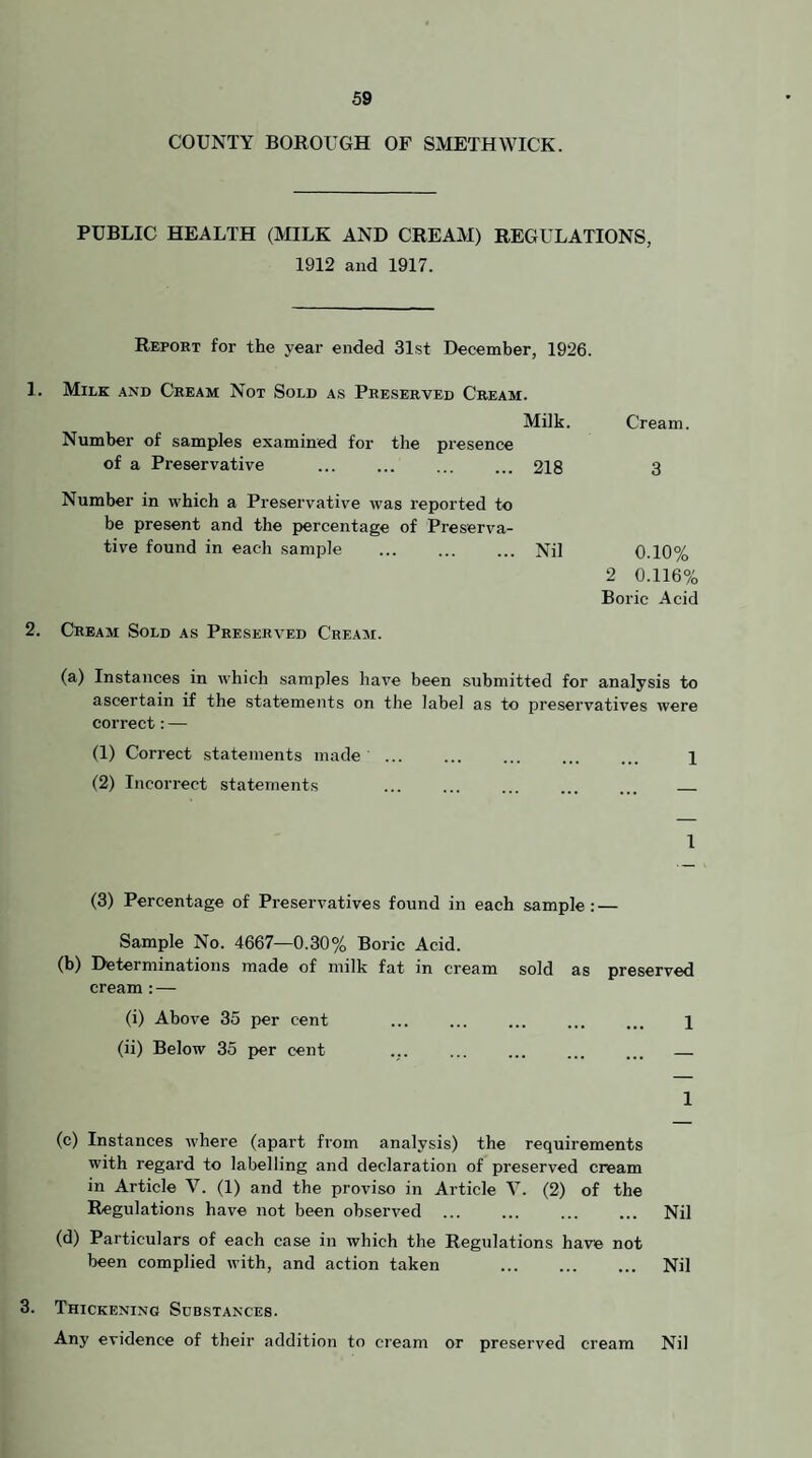 COUNTY BOROUGH OF SMETHWICK. PUBLIC HEALTH (MILK AND CREAM) REGULATIONS, 1912 and 1917. Report for the year ended 31st December, 1926. 1. Milk and Cream Not Sold as Preserved Cream. Number of samples examined for the presence of a Preservative Milk. 218 Cream. 3 Number in which a Preservative was reported to be present and the percentage of Preserva¬ tive found in each sample Nil 0.10% 2 0.116% Boric Acid Cream Sold as Preserved Cream. (a) Instances in which samples have been submitted for analysis to ascertain if the statements on the label as to preservatives were correct:— (1) Correct statements made ... ... ... . 1 (2) Incorrect statements ... ... ... ... ... _ 1 (3) Percentage of Preservatives found in each sample: — Sample No. 4667—0.30% Boric Acid. (b) Determinations made of milk fat in cream sold as preserved cream : — (i) Above 35 per cent ... ... ... ... ... i (ii) Below 35 i>er cent ... ... ... ... ... — 1 (c) Instances where (apart from analysis) the requirements with regard to labelling and declaration of preserved cream in Article V. (1) and the proviso in Article V. (2) of the Regulations have not been observed ... ... ... ... Nil (d) Particulars of each case in which the Regulations have not been complied with, and action taken . Nil 3. Thickening Substances. Any evidence of their addition to cream or preserved cream Nil