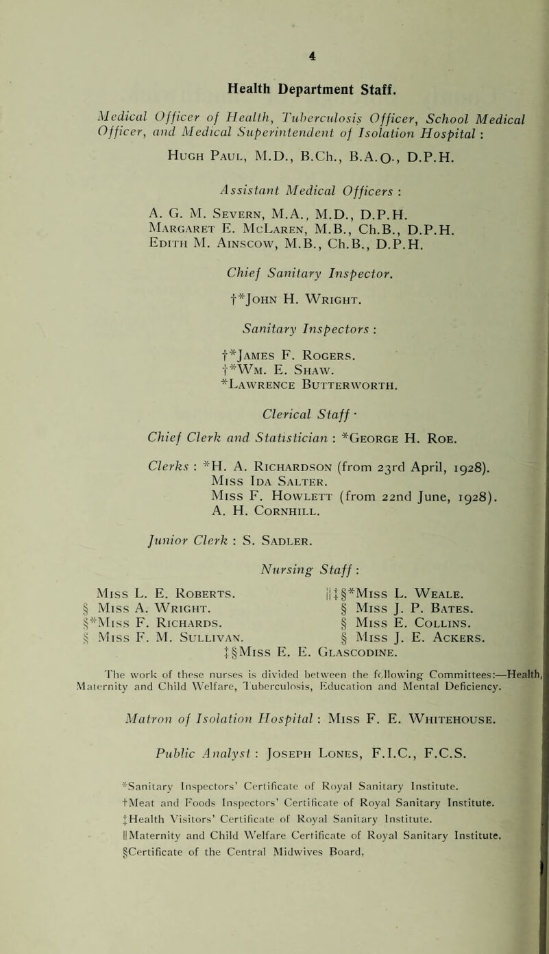 Health Department Staff. Medical Officer of Health, Tuherculosis Officer, School Medical Officer, and Medical Superintendent of Isolation Hospital ; Hugh Paul, M.D., B.Ch., B.A.O-, D.P.H. Assistant Medical Officers : A. G. AI. Severn, M.A., M.D., D.P.H. AIarg.aret E. McLaren, M.B., Ch.B., D.P.H. Edith M. Ain.scow, M.I3., Ch.B., D.P.H. Chief Sanitary Inspector. t*JoHN H. Wright. Sanitary Inspectors : t*jAMES F. Rogers. t*AVM. E. Shaw. *Lawrence Butterworth. Clerical Staff • Chief Clerk and Statistician : *George H. Roe. Clerks : *H. A. Richardson (from 23rcl April, 1928). Miss Ida Salter. Miss F. Howlett (from 22nd June, 1928). A. H. Cornhill. Junior Clerk : S. Sadler. Nursing Staff: A'liss L. E. Roberts. § Miss A. Wright. ;^*Miss F. Richards. ^ .Miss F. M. Sullivan. im ii4:§*Miss L. Weale. § Miss J. P. Bates. § Miss E. Collins. § Aliss J. E. Ackers iss E. E. Glascodine. The work of the.se nurses is divided between the fc.Ilowing Committees:—Health, Maternity and Child Welfare, Tuberculosis, education and Mental Deficiency. Matron of Isolation Hospital : AIiss F. E. Whitehouse. Public .Analyst: Joseph Lones, F.I.C., F.C.S. ^.Sanitary Inspectors’ Certificate of Royal Sanitary Institute. tMeat and I'oods Inspectors’ Certificate of Royal Sanitary Institute. ^Health \’isitors’ Certificate of Royal Sanitary Institute. IIMaternity and Child Welfare Certificate of Royal Sanitary Institute. ^Certificate of the Central Midwives Board,