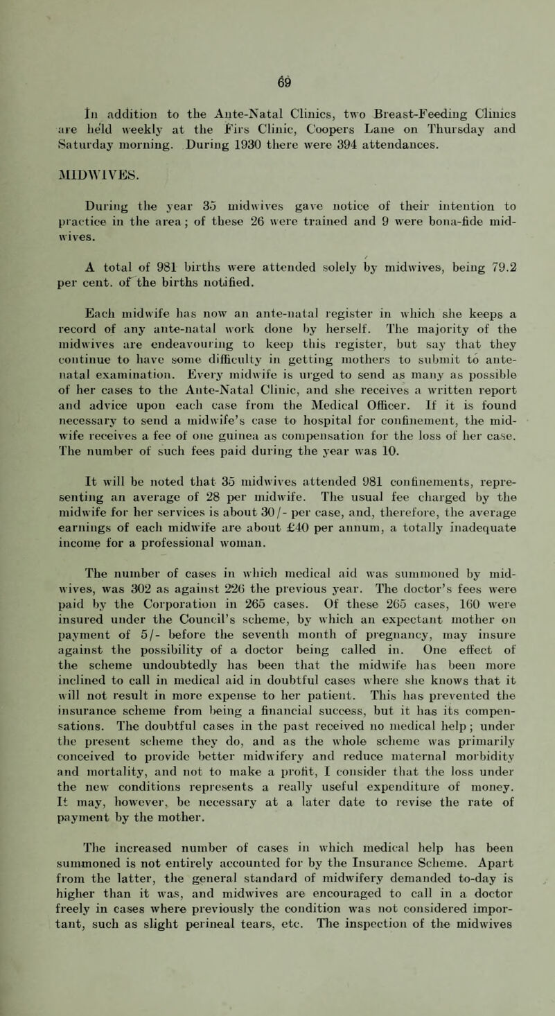 In addition to the Ante-Natal Clinics, two Breast-Feeding Clinics are held weeklj' at the Firs Clinic, Coopers Lane on Thursday and Saturday morning. During 1930 there were 394 attendances. MlDWiVES. During the year 35 midwives gave notice of their intention to practice in the area; of these 26 were trained and 9 wei’e bona-lide mid¬ wives. / A total of 981 births were attended solely by midwives, being 79.2 per cent, of the births notified. Each midwife has now an ante-natal register in which she keeps a record of any ante-natal work done l>y herself. The majority of the midwives are endeavouring to keep this register, but say that they continue to have some difficulty in getting mothers to sulmiit to ante¬ natal examination. Every midwife is urged to send as many as possible of her cases to the Ante-Natal Clinic, and she receives a written report and advice upon each case from the Medical Officer. If it is found necessary to send a midwife’s case to hospital for confinement, the mid¬ wife receives a fee of one guinea as comjx'iisation for the loss of her case. The numlrer of such fees paid during the year was 10. It will be noted that 35 mid wives attended 981 confinements, repre¬ senting an average of 28 per midwife. The usual fee charged by the midwife for her services is about 30/- per case, and, therefore, the average earnings of each midwife are about £40 per annum, a totally inadequate income for a professional woman. The number of cases in which medical aid was summoned by mid¬ wives, was 302 as against 226 the previous year. The doctor’s fees were paid by the Corporation in 265 cases. Of these 265 cases, 160 were insured under the Council’s scheme, by which an expectant mother on payment of 5/- before the seventh month of pregnancy, may insure against the possibility of a doctor being called in. One effect of the scheme undoubtedly has been that the midwife has been more inclined to call in medical aid in doubtful cases where she knows that it will not result in more expense to her patient. This has prevented the insurance scheme from being a financial success, but it has its compen¬ sations. The doubtful cases in the past received no medical help; under the pre.sent scheme they do, and as the whole scheme was primarily conceived to provide l)ettcr midwifery and reduce maternal morbidity and mortality, and not to make a profit, I consider that the loss under the new conditions repre.sents a reallj’ useful expenditure of money. It may, however, be necessary at a later date to revise the rate of payment by the mother. The increased number of cases in which medical help has been summoned is not entirely accounted for by the Insurance Scheme. Apart from the latter, the general standard of midwifery demanded to-day is higher than it was, and midwives are encouraged to call in a doctor freely in cases where previously the condition was not considered impor¬ tant, such as slight perineal tears, etc. The inspection of the midwives