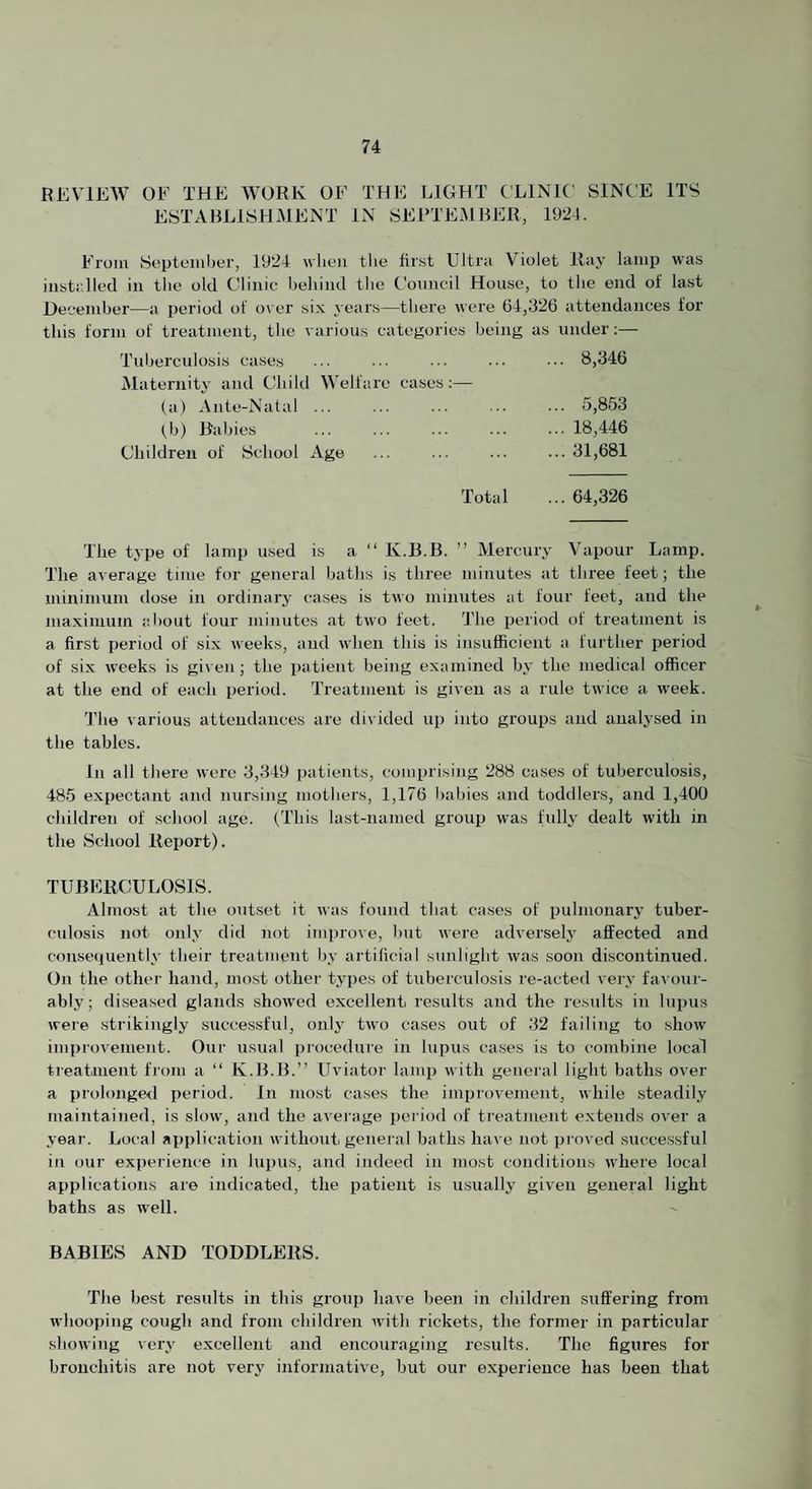 REVIEW OF THE WORK OF THE RIGHT CLINIC SINCE ITS ESTAHLISHMENT IN SERTE.AIHER, 1921. From Soptoiiiber, 1924 whc'ii tlie first Ultrii Violet lEiy lamp was iiistr.lled in the old Clinic l)eliind the Council House, to the end of last Decemher—a period of over six years—there were G4,326 attendances for this form of treatment, the various c Tuherculosis cases Maternity and CUiild Welfare cases:— (a) Ante-Natal ... (.h) Rahies Children of School Age ategories being as under:— .8,346 ... 5,853 ... 18,446 ... 31,681 Total ... 64,326 The type of lamp used is a “ K.B.B. ” Mercury Vapour Lamp. The average time for general baths is three minutes at three feet; the minimum dose in ordinary cases is two minutes at four feet, and the ma. xiinum about four minutes at two feet. The period of treatment is a first period of six weeks, and when this is insufficient a further period of six weeks is given; the jjatient being examined by the medical officer at the end of each period. Treatment is given as a rule twice a week. 'The various attendances are divided up into groups and analysed in the tables. In all there were 3,349 patients, comprising 288 cases of tuberculosis, 485 expectant and nursing mothers, 1,176 babies and toddlers, and 1,400 children of school age. ('This last-named group was fully dealt with in the School Report). TUBERCULOSIS. Almost at the outset it was found that cases of pulmonar3’ tuber¬ culosis not onl.v did not improve, but were adverselj' affected and con.seciuentlv their treatment b.v artificial sunlight was soon discontinued. On the other hand, most other t.ypes of tuberculosis re-acted ver.v favour- abl, v; diseased glands showed excellent results and the results in lupus were strikingly successful, onlj' two cases out of 32 failing to show improvement. Our usual proi:edure in lupus cases is to combine local treat,nient from a “ K.B.I3.” Uviator lamp with general light baths over a prolonged period. In most cases the improvement, while steadily maintained, is slow, and the average period of treatment extends over a year. Local application without, general baths have not pi'oved succe.ssful ill our experience in lupus, and indeed in most conditions where local applications are indicated, the patient is usually given general light baths as well. BABIES AND TODDLERS. 'The best results in this group have been in children suffering from whooping cough and from children with rickets, the former in particular showing veiw excellent and encouraging results. The figures for bronchitis are not very informative, but our experience has been that