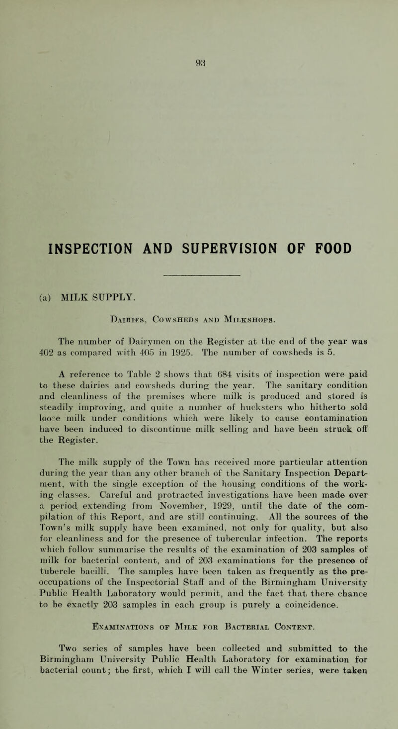 INSPECTION AND SUPERVISION OF FOOD (a) MILK SUPPLY. Dairies, Cowshers and Milkshops. Tlie number of Dairymen on tlie Register at tlie end of the year was 4()‘2 as compared with 405 in 1925. The nundier of cowslieds is 5. A reference to Table 2 shows that 684 visits of inspection were paid to tliese dairies and cowsheds during the year. Tlie sanitary condition and cleanliness of the iiremises where milk is produced and stored is steadily improving, and quite a number of hucksters who hitherto sold loo‘'e milk under conditions which were likely to cau.se contamination have been induced to discontinue milk selling and have been struck off the Register. 'I'he milk supply of the Town has received more particular attention during the year than any other branch of the Sanitary Inspection Departs ment, with the single exception of the bousing conditions of the work¬ ing classes. Careful and protracted investigations have been made over a pieriocl extending from November, 1929, until the date of the com¬ pilation of this Report, and are still continuing. All the sources of the Toivn’s milk supply have been examined, not only for quality, but also for cleanliness and for the presence of tuliercular infection. The reports which follow sunimari.se the results of the examination of 203 samples of milk for bacterial content, and of 203 examinations for the presence of tubercle bacilli. The samples have lieen taken as frequently as the pre¬ occupations of the Inspectorial Staff and of the Birmingham University Public Health Laboratory would pei'init, and the fact that, there chance to be exactly 203 samples in each group is purely a coincidence. Fa’aminations op Mile for Bacterial Content. Two series of samples have been collected and submitted to the Birmingham University Public Health Laboratory for examination for