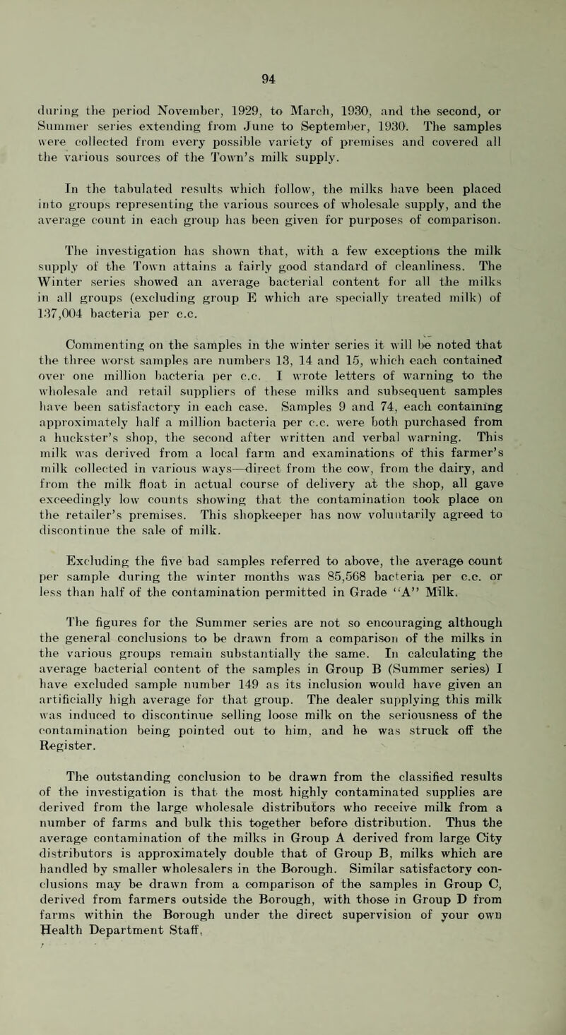 during tlie period November, 1929, to Marcli, 1930, and the second, or Summer series extending from June to September, 1930. Tlie samples were collected from every jjossible variety of premises and cov'ered all the various sources of the 'J’own’s milk supply. In the tabulated results which follow, the milks have been placed into groups representing the various sources of wholesale supply, and the average count in each gioup has been given for purposes of comparison. The investigation has shown that, with a few exceptions the milk supply of the Town attains a fairly good standard of cleanliness. The Winter series showed an average bacterial content for all the milks in all groups (excluding group E which are specially treated milk) of 137,004 bacteria per c.c. Commenting on the samples in the winter series it will Ive noted that the three woi-st sainples are numbers 13, 14 and 15, which each contained ovei' one million bacteria per c.c. I wrote letters of warning to the wholesale and retail suppliers of these milks and subsequent samples have been satisfactory in each ca.se. Samples 9 and 74, each containing approximately half a million bacteria per c.c. were both purchased from a huckster’s shop, the second after written and verbal warning. This milk was derived from a local farm and examinations of this farmer’s milk collected in various ways—direct from the ooiv, from the dairy, and from the milk float in aetual course of delivery at the shop, all gave exceedingly low counts showing that the contamination took place on the retailer’s premi.ses. Tliis shopkeeper has now voluntarily agreed to discontinue the sale of milk. Excluding the five bad samples referred to above, the average count per sample during the winter months was 85,568 bacteria per c.c. or less than half of the eontamination permitted in Grade “A” Milk. 'I'he figures for the Summer series are not so encouraging although the general conclusions to be drawn from a comparison of the milks in the various groups remain substantially the same. In calculating the average baeterial content of the samples in Group B (Summer series) I have excluded sample number 149 as its inclusion would hav'e given an artificially high average for that group. The dealer sui)plying this milk was induced to discontinue selling loose milk on the .seriousness of the contamination being pointed out to him, and he was struck off the Register. The outstanding conclusion to be drawn from the classified results of the inve.stigation is that the most highly contaminated supplies are derived from the large wholesale distributors who receive milk from a number of farms and bulk this together before distribution. Thus the average contamination of the milks in Group A derived from large City distributors is approximately double that of Group B, milks which are handled by smaller wholesalers in the Borough. Similar satisfactory con¬ clusions may be drawn from a comparison of the samples in Group C, derived from farmers outside the Borough, with those in Group D from farms within the Borough under the direct supervision of your own Health Department Staff, /