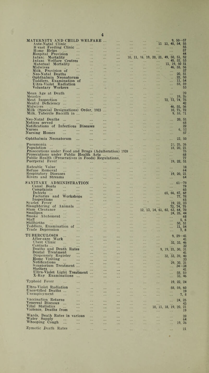 MATEUNITY AND CHILD WELFARE Ante-Natal Clinic L east Feeding Clinic ... Home Helps Hospital Provision Infant Mortality Infant Welfare Centres Maternal Mortality Midwives Milk, Provision of Neo-Natal Deaths Ophthalmia Neonatorum Toddlers, Examination of Ultra-Violet Radiation Voluntary Workers 10, 11, 18 19, 20, 9, so¬ il 12, 45, 54, 21, 49, 50, 51, 45, 52, 11, 19, 50 46, 55, 20, 22, 11, 53, Mean .\ge at Death ... ... ... ... ... ... ... 20 Measles ... ... ... ... ... ... ... ... ... 19, 26 Meat Inspection ... ... ... ... ... ... ... ... 72, 73, 74, 75 Mentnl Deficiency ... ... ... ... ... ... ... ... 42 .Midwives ... ... ... ... ... ... ... ... ... 46, 55, 56 Milk (Special Designations) Order, 1923 ... ... 10, 71, 72 Milk, Tubercle Baccilli in ... ... ... . . . . . 9, 10, 71 J'Jeo-Natal Deaths ... ... ... ... , .. ... 20, 51 Notices served .. ... ... ... .. ... ... ... ... 68 Notifications of Infectious Diseases ... ... ... ... ... 22 Nurses ... ... ... ... ... ... ... 6, 52 Nursing Homes ... ... ... ... ... ... 57 Ophthalmia Neonatorum ... ... ... ... ... ... ... ... 22, 50 Pneumonia ... ... ... ... ... .. ... . . 22, 25, 26 Population ... ... ... ... ... ... ... ... ... 18, 20, 21 Prosecutions under Food and Drugs (Adulteration) 1928 ... . . ... ... 75 Prosecutions under Public Health Acts ... ... ... ... ... 68 Public Health (Preseratives in Foods) Regulations, .. . . . ... 77 Puerperal Fever ... ... ... ... ... ... .. 19, 22, 51 Rateable Value ... ... ... ... ... ... 18 Refuse Removal ... ... ... ... ... ... ... . . 64 Respiratory Diseases ... ... ... ... ... ... 19, 20, 21 Rivers and Streams ... ... ... ... ... ... ... ... 64 SANITARY ADMINISTRATION Canal Boats Complaints Defects ... Factories and Workshops Inspections Scirlet Fever Slaughtering of Animals ... Slum Clearance Smallpox Smoke Abatement ... Staff . Stillbirths Toddlers, Examination of ... Trade Depression ... 12 13, 14, 61, ... 61—79 79 65 65, 66, 67, 68 ... 77, 78 65 19, 22, 23 72, 74, 75 62, 63, 64, 70 24, 25, 44 68 5, 6 ... 50, 51 ... 11, 54 7, 8 TUBERCULOSIS. 9, 29-41 After-care Work ... ... ... . ... ... ... ... 41 Chest Clinic ... ... ...  32, 33, 46 Contacts ... ... ... ... ... ... ... ... ... 32 Deaths and Death Rates ... ... ... ... 9, 19, 21, 30, 31 Dental Treatment ... ... ... .. ... , . ... ... 41 Dispensary Register ... ... ... ..! ... ... ... 32, 33, 39, 40 Home Visiting ... ... ... ... ... ... ... ... ... 33 Notifications ... ... ... ... ...' ... ... ... 29, 30, 31 Sanatorium Treatment ... . . ... .. ... ... ... ... 34—38 Shelters ... ... ... ... ... ... ... ... ... ... 41 Ultra-Violet Light Treatment ... .!! .!! ... . . ... ... 58, 59 X-Ray Examinations ... ... ... ... ... ... ... 33, 46 Typhoid Fever 19, 22, 24 Ultra-Violet Radiation Uncertified Deaths ... Unemployment 58, 59, 60 19 7, 8 Vaccination Returns Venereal Diseases ... Vital Statistics Violence, Deaths from 10 11, 18, .. 24, 25 43 19, 20. 21 19 Wards. Death Rates in various Water Supply W'hooping Cough 20 64 19, 26 Zymotic Death Rates 21