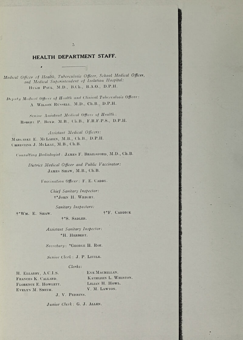 .) HEALTH DEPARTMENT STAFF. M,'(Iu-a! Oiriccr of Health. Tuberculosis Officer, School Medical Officer, ~uid Medical Suferintendent of Isolation Hospital: Hn.ii Fail, -M.D., H.Cli., 15.A.0., D.P.H. />./.!</./ Miihfil Olfinr of llruUh and CUnitul Tiihcrculosis Officer: A. \ViLM)N Fl-ssej.l. -M.l)., Cli.B., D.P.H. Assistant Medical Officer of Heufth: Huukiu I’. Htivu. Al.M.. (li.H., 1'.K.i'. 1 .S., D.l .11. Assistant Medical Officers: .MAm.AiitT K. .MiLahen, .M.U., Cli.B., D.P.H. (. HKi.'^Ti-NE J. .MeLeav, H.B., C h.B. ( onsidtiia/ Itadioloijist: James D. Bkailsiord, M.D., Ch.B. District Medical Officer and Public Vaccinator: James Sh.vm, M.B., Ch.B. Vaccination Officer : h'. E. Cadby. Chief Sanitary Inspector: t*j0HN H. WllICHT. Sanitary Inspectors: t*\VM. E. Shaw. t*E. Caduick t*S. SABLER. Assistant Sanitary Inspector: *H. Herbert. Secretary: ‘George H. Roe. Senior Clerk: J. P. Little. Clerks: H. Ellarby, A.C.I.S. Eve ^Iacjiillax. Fr.ances K. Call.\rb. Kathleen L. Whisto.n. Florence E. Howlett. Lilian H. Howl. Evelyn M. Smith. V'. M. Lawton. J. V'. Perrins. Junior Clerk : G. J. Allen.