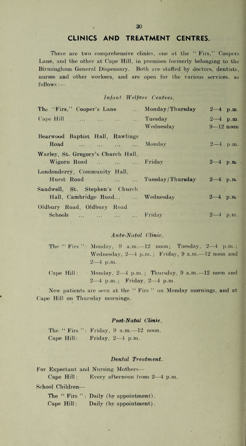 CLINICS AND TREATMENT CENTRES. There are two comprehensive clinics, one at the “ Firs,” Coopers Lane, and the other at Cape Hill, in premises formerly belonging to the Birmingham General Dispensary. Both are staffed by doctors, dentists, nurses and other workers, and are open for the various services, as follows :— Infant Welfare Centres. The “Firs,” Cooper’s Lane Monday/Thursday 2—4 p.m Cape Hill . Tuesday Wednesday 2—4 9—12 p.m noon Bearwood Baptist Hall, Rawlings Road ... ... . Monday 2—4 p.m. Warley, St. Gregory’s Church Hall. Wigorn Road Friday 2—4 p.m Londonderry, Community Hall, Hurst Road Tuesday/ Thursday- 2—4 p.m Sandwell, St. Stephen's Church Hall, Cambridge Road... Wed nesday 2—4 p.m Oldbury Road, Oldbury Road Schools Friday 2—4 p.m. Ante-Natal Clinic. The “Firs”: Monday, 9 a.m.—12 noon; Tuesday, 2—4 p.m.; Wednesday, 2—1 p.m.; Friday, 9 a.m.—12 noon and 2—4 p.m. Cape Hill : Monday, 2—4 p.m. ; Thursday, 9 a.m.—12 noon and 2—4 p.m.; Friday. 2—4 p.m. New patients are seen at the “ Firs ” on Monday mornings, and at Cape Hill on Thursday mornings. Post-Natal Clinic. The “Firs”: Friday, 9 a.m.—12 noon. Cape Hill: Friday, 2—4 p.m. Dental Treatment. For Expectant and Nursing Mothers— Cape Hill : Every afternoon from 2—4 p.m. School Children— The “ Firs ” : Daily (by appointment). Cape Hill: Daily (by appointment).