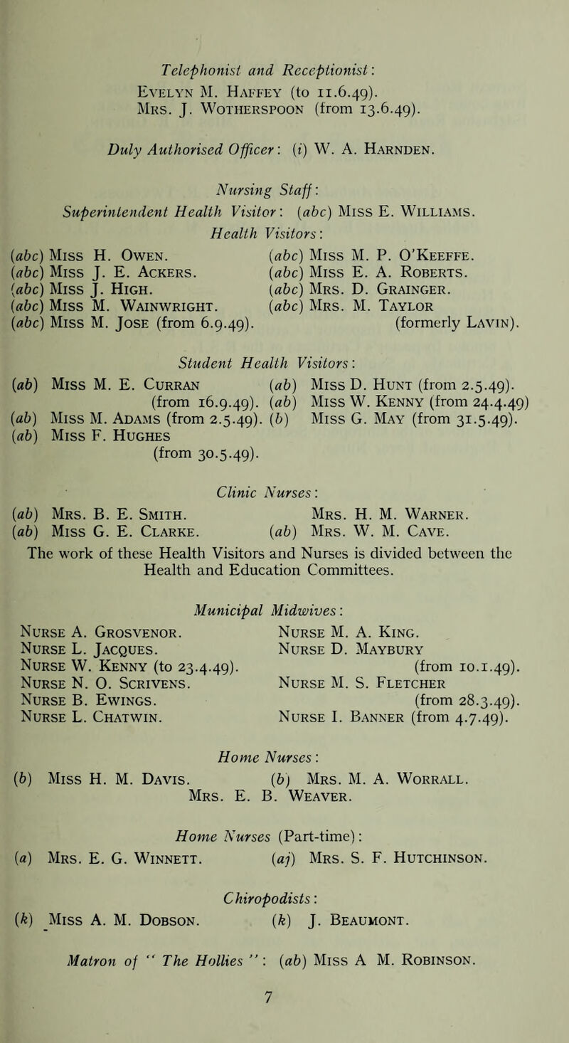 Telephonist and Receptionist: Evelyn M. Haefey (to 11.6.49). Mrs. J. Wotherspoon (from 13.6.49). Duly Authorised Officer: (i) W. A. H.'\rnden. Nursing Staff: Superintendent Health Visitor: [ahc) Miss E. Williams. Health Visitors: {ahc) Miss H. Owen. {ahc) Miss J. E. Ackers. {ahc) Miss J. High. {ahc) Miss M. Wainwright. {ahc) Miss M. Jose (from 6.9.49). {ahc) Miss M. P. O’Keeffe. {ahc) Miss E. A. Roberts. [ahc) Mrs. D. Grainger. {ahc) Mrs. M. Taylor (formerly Lavin). Student Health Visitors: {ah) Miss M. E. Curran {ah) Miss D. Hunt (from 2.5.49). (from 16.9.49). Miss W. Kenny (from 24.4.49) {ah) Miss M. Adams (from 2.5.49). (^) Miss G. May (from 31.5.49). {ah) Miss F. Hughes (from 30.5-49)• Clinic Nurses: {ah) Mrs. B. E. Smith. Mrs. H. M. Warner. {ah) Miss G. E. Clarke. {ah) Mrs. W. M. Cave. The work of these Health Visitors and Nurses is divided between the Health and Education Committees. Municipal Nurse A. Grosvenor. Nurse L. Jacques. Nurse W. Kenny (to 23.4.49). Nurse N. O. Scrivens. Nurse B. Ewings. Nurse L. Chatwin. Midwives: Nurse M. A. King. Nurse D. Maybury (from 10.1.49). Nurse M. S. Fletcher (from 28.3.49). Nurse I. Banner (from 4.7.49). Home Nurses: {h) Miss H. M. Davis. {h) Mrs. M. A. Worrall. Mrs. E. B. Weaver. Home Nurses (Part-time): {a) Mrs. E. G. Winnett. {aj) Mrs. S. F. Hutchinson. C hiropodists: {k) Miss A. M. Dobson. (^) J. Beaumont. Matron of “ The Hollies ”: {ah) Miss A M. Robinson.