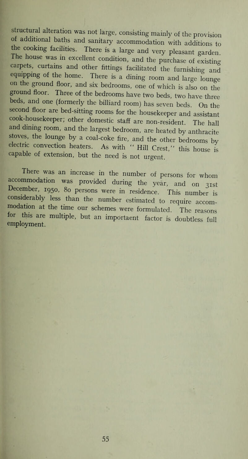 structural alteration was not large, consisting mainly of the provision of additional baths and sanitary accommodation with additions to die cooking facilities. There is a large and veiy pleasant garden The house was in excellent condition, and the purchase of existing carpets, curtains and other fittings facilitated the furnishing and equipping of the home. There is a dining room and large lounge on the ground floor, and six bedrooms, one of which is also on the ground floor. Three of the bedrooms have two beds, two have three beds, and one (formerly the billiard room) has seven beds On the second floor are bed-sitting rooms for the housekeeper and assistant cook-housekeeper; other domestic staff are non-resident. The hall and dining room, and the largest bedroom, are heated by anthracite stoves, the lounge by a coal-coke fire, and the other bedrooms bv electric convection heaters. As with Hill Crest,” this house is capable of extension, but the need is not urgent. There was an increase in the number of persons for whom accommodation was provided during the year, and on 31st December, 1950, 80 persons were in residence. This number is considerably less than the number estimated to require accom¬ modation at the time our schemes were formulated. The reasons for this are multiple, but an importaent factor is doubtless full employment.