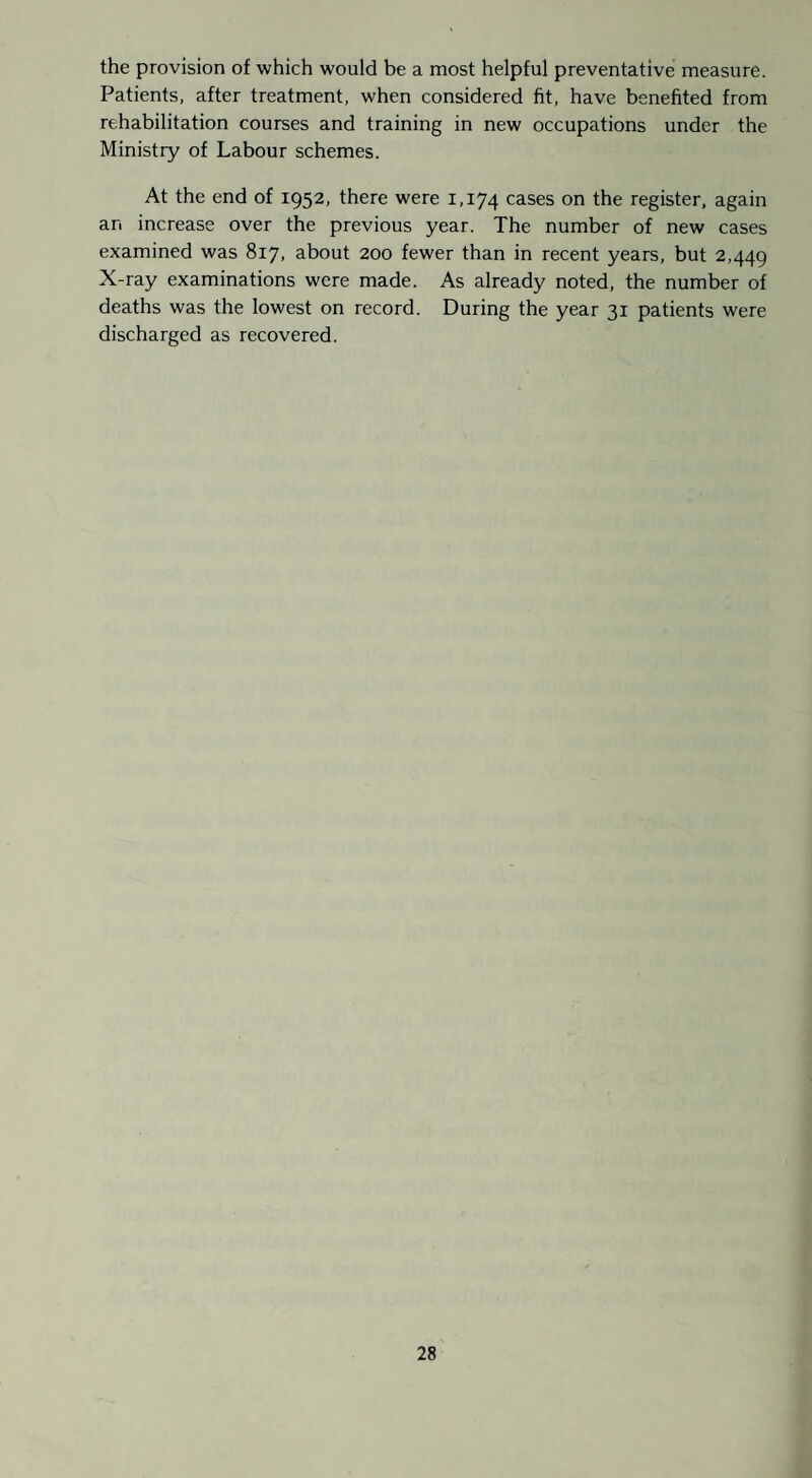 the provision of which would be a most helpful preventative measure. Patients, after treatment, when considered fit, have benefited from rehabilitation courses and training in new occupations under the Ministry of Labour schemes. At the end of 1952, there were 1,174 cases on the register, again an increase over the previous year. The number of new cases examined was 817, about 200 fewer than in recent years, but 2,449 X-ray examinations were made. As already noted, the number of deaths was the lowest on record. During the year 31 patients were discharged as recovered.