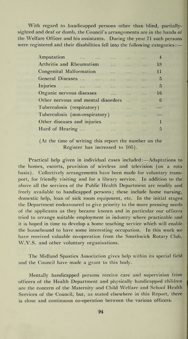 With regard to handicapped persons other than blind, partially- sighted and deaf or dumb, the Council’s arrangements are in the hands of the Welfare Officer and his assistants. During the year 71 such persons were registered and their disabilities fell intp the following categories; — Amputation Arthritis and Rheumatism Congenital Malformation General Diseases ... Injuries Organic nervous diseases Other nervous and mental disorders Tuberculosis (respiratory) Tuberculosis (non-respiratory) Other diseases and injuries Hard of Hearing ... 4 18 11 5 5 16 G 1 5 (At the time of writing this report the number on the Register has increased to 10.6). Practical help given in individual cases included:—.‘\daptations to the homes, escorts, provision of wireless and television (on a rota basis). Collectively arrangements have been made for voluntary trans¬ port, for friendly visiting and for a library service. In addition to the above all the services of the Public Health Department are readily and freely available to handicapped persons ; these include home nursing, domestic help, loan of sick room equipment, etc. In the initial stages the Department endeavoured to give priority to the more pressing needs of the applicants as they became known and in particular our officers tried to arrange suitable employment in industry where practicable and it is hoped in time to develop a home teaching service which will enable the housebound to have some interesting occupation. In this work we have received valuable co-operation from the Smethwick Rotary Club, W.V.S. and other voluntary organisations. The Midland Spastics Association gives help within its special field and the Council have made a grant to this body. Mentally handicapped persons receive care and supervision from officers of the Health Department and physically handicapped children are the concern of the Maternity and Child Welfare and School Health Services of the Council, but, as stated elsewhere in this Report, there is close and continuous co-operation between the various officers.