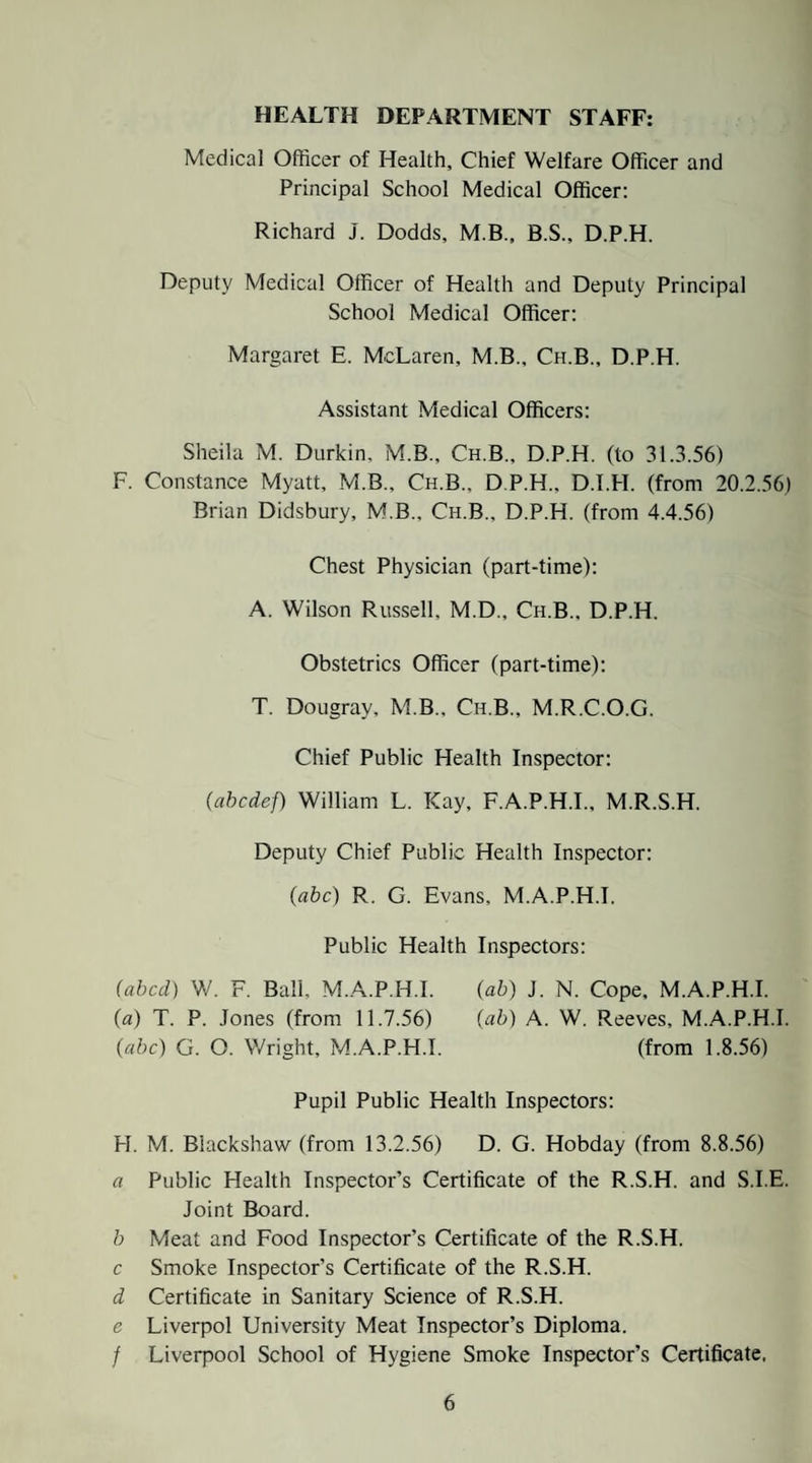 HEALTH DEPARTMENT STAFF: Medical Officer of Health, Chief Welfare Officer and Principal School Medical Officer: Richard J. Dodds, M.B., B.S., D.P.H. Deputy Medical Officer of Health and Deputy Principal School Medical Officer: Margaret E. McLaren, M.B., Ch.B., D.P.H. Assistant Medical Officers: Sheila M. Durkin, M.B., Ch.B., D.P.H. (to 31.3.56) F. Constance Myatt, M.B., Ch.B., D.P.H., D.I.H. (from 20.2.56) Brian Didsbury, M.B., Ch.B., D.P.H. (from 4.4.56) Chest Physician (part-time): A. Wilson Russell, M.D., Ch.B., D.P.H. Obstetrics Officer (part-time): T. Dougray, M B., Ch.B., M.R.C.O.G. Chief Public Health Inspector: (abcdef) William L. Kay, F.A.P.H.I., M.R.S.H. Deputy Chief Public Health Inspector: (abc) R. G. Evans, M.A.P.H.I. Public Health Inspectors: (abed) W. F. Ball, M.A.P.H.I. (ab) J. N. Cope, M.A.P.H.I. (a) T. P. Jones (from 11.7.56) (ab) A. W. Reeves, M.A.P.H.I. (abc) G. O. Wright, M.A.P.H.I. (from 1.8.56) Pupil Public Health Inspectors: H. M. Blackshaw (from 13.2.56) D. G. Hobday (from 8.8.56) a Public Health Inspector’s Certificate of the R.S.H. and S.I.E. Joint Board. b Meat and Food Inspector’s Certificate of the R.S.H. c Smoke Inspector’s Certificate of the R.S.H. d Certificate in Sanitary Science of R.S.H. e Liverpol University Meat Inspector’s Diploma. / Liverpool School of Hygiene Smoke Inspector’s Certificate,