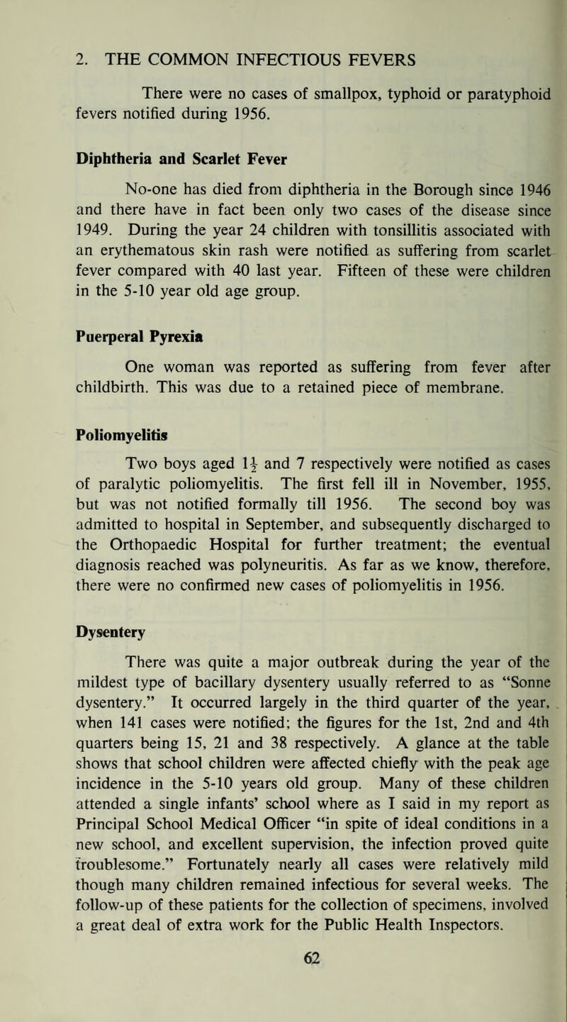 2. THE COMMON INFECTIOUS FEVERS There were no cases of smallpox, typhoid or paratyphoid fevers notified during 1956. Diphtheria and Scarlet Fever No-one has died from diphtheria in the Borough since 1946 and there have in fact been only two cases of the disease since 1949. During the year 24 children with tonsillitis associated with an erythematous skin rash were notified as suffering from scarlet fever compared with 40 last year. Fifteen of these were children in the 5-10 year old age group. Puerperal Pyrexia One woman was reported as suffering from fever after childbirth. This was due to a retained piece of membrane. Poliomyelitis Two boys aged 1| and 7 respectively were notified as cases of paralytic poliomyelitis. The first fell ill in November, 1955, but was not notified formally till 1956. The second boy was admitted to hospital in September, and subsequently discharged to the Orthopaedic Hospital for further treatment; the eventual diagnosis reached was polyneuritis. As far as we know, therefore, there were no confirmed new cases of poliomyelitis in 1956. Dysentery There was quite a major outbreak during the year of the mildest type of bacillary dysentery usually referred to as “Sonne dysentery.” It occurred largely in the third quarter of the year, when 141 cases were notified; the figures for the 1st, 2nd and 4th quarters being 15, 21 and 38 respectively. A glance at the table shows that school children were affected chiefly with the peak age incidence in the 5-10 years old group. Many of these children attended a single infants’ school where as I said in my report as Principal School Medical Officer “in spite of ideal conditions in a new school, and excellent supervision, the infection proved quite troublesome.” Fortunately nearly all cases were relatively mild though many children remained infectious for several weeks. The follow-up of these patients for the collection of specimens, involved a great deal of extra work for the Public Health Inspectors.