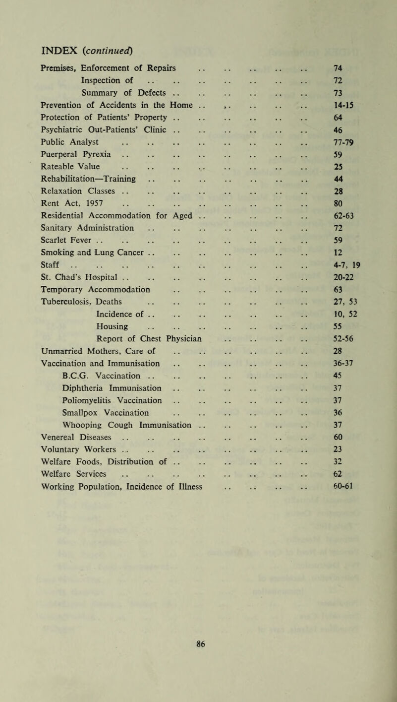 Premises, Enforcement of Repairs . 74 Inspection of. 72 Summary of Defects. 73 Prevention of Accidents in the Home .. .. 14-15 Protection of Patients’ Property .. .. .. .. .. .. 64 Psychiatric Out-Patients’ Clinic .. .. .. .. .. .. 46 Public Analyst . 77-79 Puerperal Pyrexia .. .. .. .. .. .. .. .. 59 Rateable Value .. .. .. .. .. .. .. .. 25 Rehabilitation—Training. 44 Relaxation Classes .. .. .. .. .. .. .. .. 28 Rent Act. 1957 .. .. .. .. .. .. .. .. 80 Residential Accommodation for Aged .. .. .. .. .. 62-63 Sanitary Administration .. .. .. .. .. .. .. 72 Scarlet Fever .. .. .. .. .. .. .. .. .. 59 Smoking and Lung Cancer .. .. .. .. .. .. .. 12 Staff. 4-7, 19 St. Chad’s Hospital .. .. .. .. .. .. .. .. 20-22 Temporary Accommodation .. .. .. .. .. .. 63 Tuberculosis. Deaths .. .. .. .. .. .. .. 27, 53 Incidence of .. .. .. .. .. .. .. 10, 52 Housing .. .. .. .. .. .. .. 55 Report of Chest Physician .. .. .. .. 52-56 Unmarried Mothers, Care of .. .. .. .. .. .. 28 Vaccination and Immunisation .. .. .. .. .. .. 36-37 B.C.G. Vaccination .. . .. .. .. 45 Diphtheria Immunisation .. .. .. .. .. .. 37 Poliomyelitis Vaccination .. .. .. .. .. .. 37 Smallpox Vaccination .. .. .. .. .. .. 36 Whooping Cough Immunisation .. .. .. .. .. 37 Venereal Diseases .. .. .. .. .. .. .. .. 60 Voluntary Workers .. .. .. .. .. .. .. .. 23 Welfare Foods, Distribution of .. .. .. .. .. .. 32 Welfare Services .. .. .. .. .. .. .. .. 62 Working Population, Incidence of Illness . 60-61