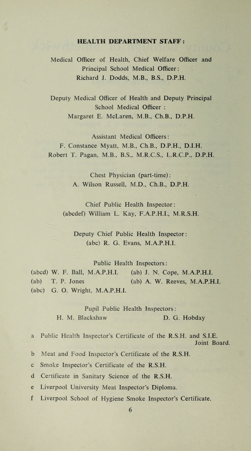 HEALTH DEPARTMENT STAFF : Medical Officer of Health, Chief Welfare Officer and Principal School Medical Officer; Richard J. Dodds, M.B., B.S., D.P.H. Deputy Medical Officer of Health and Deputy Principal School Medical Officer : Margaret E. McLaren, M.B., Ch.B., D.P.H. Assistant Medical Officers: F. Constance Myatt, M.B., Ch.B., D.P.H., D.I.H. Robert T. Pagan, M.B., B.S., M.R.C.S., L.R.C.P., D.P.H. Chest Physician (part-time): A. Wilson Russell, M.D., Ch.B., D.P.H. Chief Public Health Inspector: (abcdef) William L. Kay, F.A.P.H.I., M.R.S.H. Deputy Chief Public Health Inspector: (abc) R. G. Evans, M.A.P.H.I. Public Health Inspectors: (abed) W. F. Ball, M.A.P.H.I. (ab) J. N. Cope, M.A.P.H.I. (ab) T. P. Jones (ab) A. W. Reeves, M.A.P.H.I. (abc) G. O. Wright, M.A.P.H.I. Pupil Public Health Inspectors: H. M. Blackshaw D. G. Hobday a Public Health Inspector’s Certificate of the R.S.H. and S.I.E. Joint Board. b Meat and Food Inspector’s Certificate of the R.S.H. c Smoke Inspector’s Certificate of the R.S.H. d Certificate in Sanitary Science of the R.S.H. e Liverpool University Meat Inspector’s Diploma, f Liverpool School of Hygiene Smoke Inspector’s Certificate.