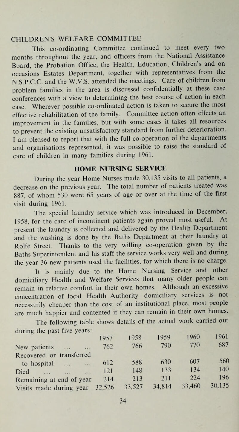 CHILDREN’S WELFARE COMMITTEE This co-ordinating Committee continued to meet every two months throughout the year, and officers from the National Assistance Board, the Probation Office, the Health, Education, Children's and on occasions Estates Department, together with representatives from the N.S.P.C.C. and the W.V.S. attended the meetings. Care of children from problem families in the area is discussed confidentially at these case conferences with a view to determining the best course of action in each case. Wherever possible co-ordinated action is taken to secure the most effective rehabilitation of the family. Committee action often effects an improvement in the families, but with some cases it takes all resources to prevent the existing unsatisfactory standard from further deterioration. I am pleased to report that with the full co-operation of the departments and organisations represented, it was possible to raise the standard of care of children in many families during 1961. HOME NURSING SERVICE During the year Home Nurses made 30.135 visits to all patients, a decrease on the previous year. The total number of patients treated was 887, of whom 530 were 65 years of age or over at the time of the first visit during 1961. The special laundry service which was introduced in December, 1958, for the care of incontinent patients again proved most useful. At present the laundry is collected and delivered by the Health Department and the washing is done by the Baths Department at their laundry at Rolfe Street. Thanks to the very willing co-operation given by the Baths Superintendent and his staff the service works very well and during the year 36 new patients used the facilities, for which there is no charge. It is mainly due to the Home Nursing Service and other domiciliary Health and Welfare Services that many older people can remain in relative comfort in their own homes. Although an excessive concentration of local Health Authority domiciliary services is not necessarily cheaper than the cost of an institutional place, most people are much happier and contented if they can remain in their own homes. The following table shows during the past five years: 1957 details of the actual work carried out 1958 1959 1960 1961 New patients Recovered or transferred 762 766 790 770 687 to hospital 612 588 630 607 560 Died 121 148 133 134 140 Remaining at end of year 214 213 211 224 196 Visits made during year 32,526 33,527 34,814 33,460 30,135