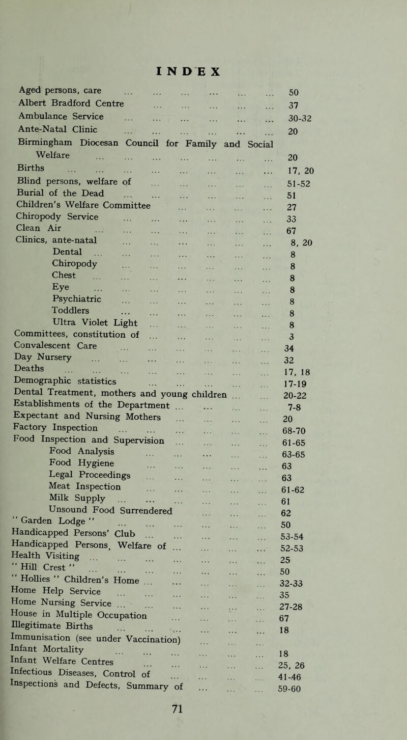 INDEX Aged persons, care ... ... ... ... 50 Albert Bradford Centre 37 Ambulance Service ... 30-32 Ante-Natal Clinic ... ... ... ... 20 Birmingham Diocesan Council for Family and Social Welfare ... ... 20 Births . 17, 20 Blind persons, welfare of ... 51-52 Burial of the Dead . 51 Children’s Welfare Committee 27 Chiropody Service ... 33 Clean Air ... q-j Clinics, ante-natal .. ... 8 20 Dental ... g Chiropody . g Chest . .. ... g Eye . 8 Psychiatric . g Toddlers ... ... g Ultra Violet Light g Committees, constitution of ... 3 Convalescent Care .. 34 Day Nursery . 32 Deaths ... . 1718 Demographic statistics . 17-19 Dental Treatment, mothers and young children 20-22 Establishments of the Department ... 7.8 Expectant and Nursing Mothers 20 Factory Inspection . 68-70 hood Inspection and Supervision 61-65 Food Analysis ... ... 63-65 Food Hygiene 63 Legal Proceedings 63 Meat Inspection ... 61-62 Milk Supply . . gj Unsound Food Surrendered 62  Garden Lodge ” 50 Handicapped Persons’ Club 53-54 Handicapped Persons, Welfare of 52-53 Health Visiting 25  Hill Crest ” . 5q  Hollies ” Children’s Home ... 32-33 Home Help Service 35 Home Nursing Service ... 27-28 House in Multiple Occupation 67 Illegitimate Births ,8 Immunisation (see under Vaccination) Infant Mortality lg Infant Welfare Centres 25 26 Infectious Diseases, Control of ... 41146 Inspections and Defects, Summary of ... 59-60
