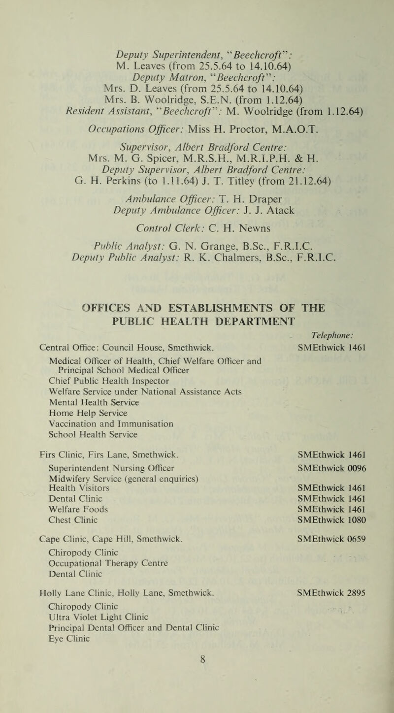 Deputy Superintendent, ''Beechcroft”: M. Leaves (from 25.5.64 to 14.1().64) Deputy Matron, Beechcroft: Mrs. D. Leaves (from 25.5.64 to 14.10.64) Mrs. B. Woolridge, S.E.N. (from 1.12.64) Resident Assistant, Beechcroft”: M. Woolridge (from 1.12.64) Occupations Officer: Miss H. Proctor, M.A.O.T. Supervisor, Albert Bradford Centre: Mrs. M. G. Spicer, M.R.S.H., M.R.l.P.H. & H. Deputy Supervisor, Albert Bradford Centre: G. H. Perkins (to 1.11.64) J. T. Titley (from 21.12.64) Ambulance Officer: T. H. Draper Deputy Ambulance Officer: J. J. Atack Control Clerk: C. H. Newns Public Analyst: G. N. Grange, B.Sc., F.R.I.C. Deputy Public Analyst: R. K. Chalmers, B.Sc., F.R.I.C. OFFICES AND ESTABLISHMENTS OF THE PUBLIC HEALTH DEPARTMENT Telephone: Central Office: Council House, Smethwick. SMEthwick 1461 Medical Officer of Health, Chief Welfare Officer and Principal School Medical Officer Chief Public Health Inspector Welfare Service under National Assistance Acts Mental Health Service Home Help Service Vaccination and Immunisation School Health Service Firs Clinic, Firs Lane, Smethwick. Superintendent Nursing Officer Midwifery Service (general enquiries) Health Visitors Dental Clinic Welfare Foods Chest Clinic Cape Clinic, Cape Hill, Smethwick. Chiropody Clinic Occupational Therapy Centre Dental Clinic Holly Lane Clinic, Holly Lane, Smethwick. SMEthwick 2895 Chiropody Clinic Ultra Violet Light Clinic Principal Dental Officer and Dental Clinic Eye Clinic SMEthwick 1461 SMEthwick 0096 SMEthwick 1461 SMEthwick 1461 SMEthwick 1461 SMEthwick 1080 SMEthwick 0659