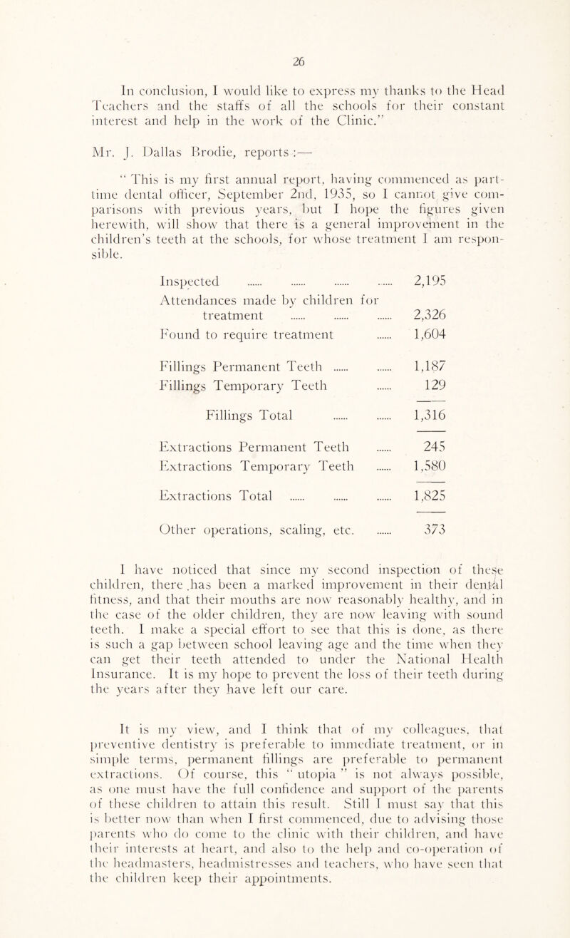 In conclusion, I would like to ex})ress my thanks to the Head Teachers and the staffs of all the schools for their constant interest and help in the work of the Clinic.” Mr. J. Dallas Ilrodie, reports ; — “ This is my first annual report, having commenced as jjart- lime dental officer, September 2nd, 1935, so I cannot give com¬ parisons with previous years, but I hope the figures given herewith, will show that there is a general improvement in the children’s teeth at the schools, for whose treatment I am respon¬ sible. Ins])ected . 2,195 Attendances made by children for treatment . 2,326 Found to require treatment 1,604 Fillings Permanent Teeth . 1,187 Pdllings Temporary Teeth 129 Fillings Total . 1,316 Extractions Permanent Teeth . 245 Extractions Temporary Teeth . 1,580 Extractions Total . 1,825 Other operations, scaling, etc. 373 1 have noticed that since my second inspection of these children, there .has been a marked improvement in their dental htness, and that their mouths are now reasonably healthy, and in the case of the older children, they are now leaving with sound teeth. 1 make a special effort to see that this is done, as there is such a gap between school leaving age and the time when they can get their teeth attended to under the National Healtli Insurance. It is my hope to prevent the loss of their teeth during the years after they have left our care. It is my view, and I think that of my colleagues, that preventive dentistry is preferable to immediate treatment, or in simple terms, permanent fillings are preferable to permanent extractions. Of course, this “ utopia ” is not always possible, as one must have the full confidence and supi)ort of the parents of these children to attain this result. Still 1 must say that this is better now than when I first commenced, due to advising those parents who do conie to the clinic with their children, and have their interests at heart, and also to the hel]) and co-operation of the headmasters, headmistresses and teachers, who have seen that the children keep their appointments.