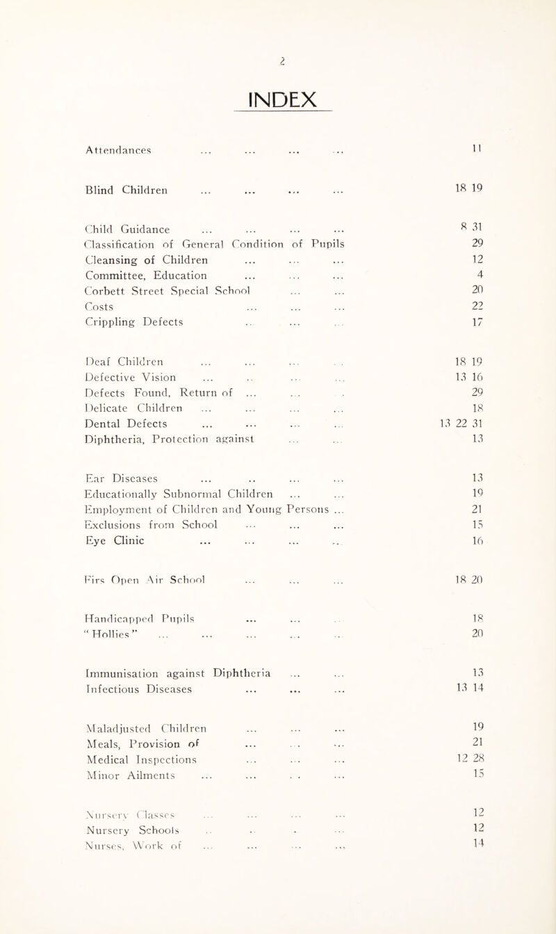 INDEX Attendances Blind Children ... ... ... ... 19 Child Guidance ... ... ... ••• ^ >^1 Classification of General Condition of Pupils 29 Cleansing of Children ... ... ... 12 Committee, Education ... ... ... 4 Corbett Street Special .School ...... 20 Costs ... ... ... 22 Crippling Defects ., ... ... 17 Deaf Children 18 19 Defective Vision 13 16 Defects Found, Return of ... 29 Delicate Children 18 Dental Defects 13 22 31 Diphtheria, Protection against 13 Ear Diseases 13 Educationally Subnormal Children 19 Employment of Children and Young Persons ... 21 Exclusions from School 15 Eye Clinic 16 Firs Open Air School 18 20 Handicapped Pupils 18 “Hollies” . 20 Immunisation against Diphtheria 13 Infectious Diseases 13 14 Maladjusted Children 19 Meals, Provision of 21 Medical Inspections 12 28 Minor Ailments ... ... . . 15 .\nrserv ( lasses 12 Nursery Schools 12 Nurses, VVnrk of 14