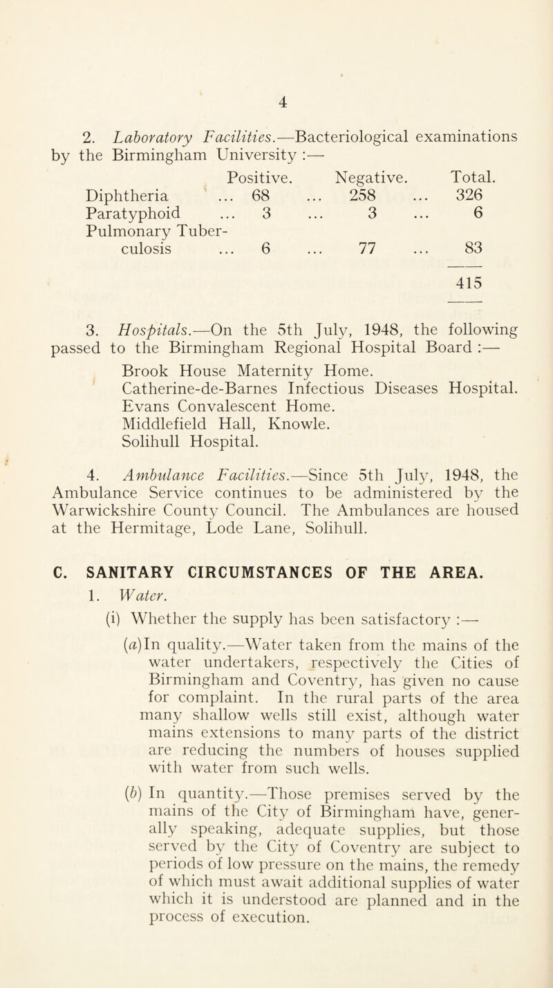2. Laboratory Facilities.—Bacteriological examinations by the Birmingham University :— Positive. Negative. Total. Diphtheria ' ... 68 258 326 Paratyphoid ... 3 Q • • • • • • 6 Pulmonary Tuber¬ culosis ... 6 77 83 415 3. Hospitals.—On the 5th July, 1948, the following passed to the Birmingham Regional Hospital Board :— Brook House Maternity Home. Catherine-de-Barnes Infectious Diseases Hospital. Evans Convalescent Home. Middlefield Hall, Knowle. Solihull Hospital. 4. Ambulance Facilities.—Since 5th July, 1948, the Ambulance Service continues to be administered by the Warwickshire County Council. The Ambulances are housed at the Hermitage, Lode Lane, Solihull. C. SANITARY CIRCUMSTANCES OF THE AREA. 1. Water. (i) Whether the supply has been satisfactory (a) In quality.—Water taken from the mains of the water undertakers, respectively the Cities of Birmingham and Coventry, has given no cause for complaint. In the rural parts of the area many shallow wells still exist, although water mains extensions to many parts of the district are reducing the numbers of houses supplied with water from such wells. [b) In quantity.—Those premises served by the mains of the City of Birmingham have, gener¬ ally speaking, adequate supplies, but those served by the City of Coventry are subject to periods of low pressure on the mains, the remedy of which must await additional supplies of water which it is understood are planned and in the process of execution.