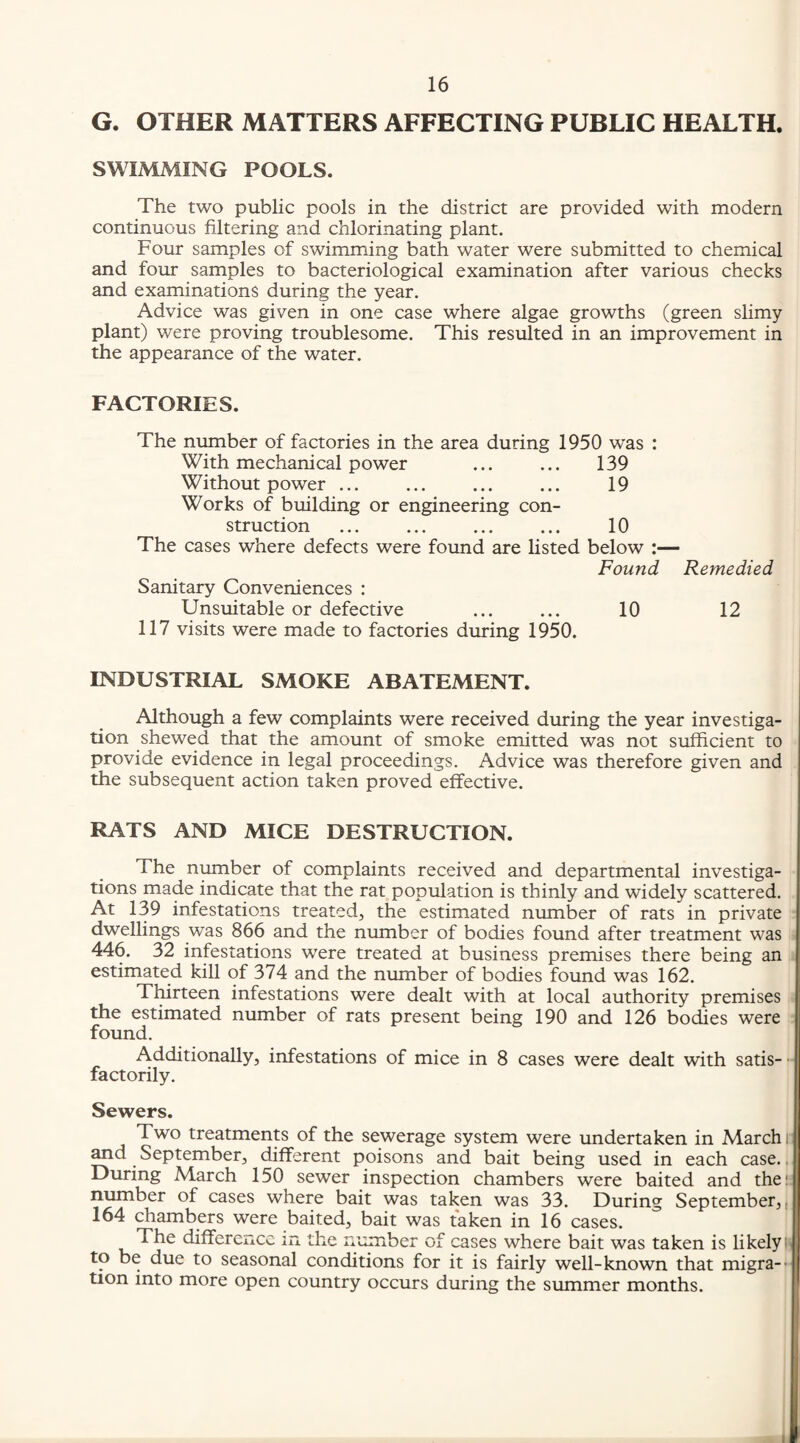 G. OTHER MATTERS AFFECTING PUBLIC HEALTH. SWIMMING POOLS. The two public pools in the district are provided with modern continuous filtering and chlorinating plant. Four samples of swimming bath water were submitted to chemical and four samples to bacteriological examination after various checks and examinations during the year. Advice was given in one case where algae growths (green slimy plant) were proving troublesome. This resulted in an improvement in the appearance of the water. FACTORIES. The number of factories in the area during 1950 was : With mechanical power 139 Without power ... Works of building or engineering con¬ 19 struction . 10 The cases where defects were found are listed below Found Remedied Sanitary Conveniences : Unsuitable or defective 117 visits were made to factories during 1950. INDUSTRIAL SMOKE ABATEMENT. 10 12 Although a few complaints were received during the year investiga¬ tion shewed that the amount of smoke emitted was not sufficient to provide evidence in legal proceedings. Advice was therefore given and the subsequent action taken proved effective. RATS AND MICE DESTRUCTION. The number of complaints received and departmental investiga¬ tions made indicate that the rat population is thinly and widely scattered. At 139 infestations treated, the estimated number of rats in private dwellings was 866 and the number of bodies found after treatment was 446. 32 infestations were treated at business premises there being an estimated kill of 374 and the number of bodies found was 162. Tffirteen infestations were dealt with at local authority premises the estimated number of rats present being 190 and 126 bodies were found. Additionally, infestations of mice in 8 cases were dealt with satis- ■ factorily. Sewers. Two treatments of the sewerage system were undertaken in March i and September, different poisons and bait being used in each case.. During March 150 sewer inspection chambers were baited and thei number of cases where bait was taken was 33. During September,, 164 chambers were baited, bait was taken in 16 cases. The difference in the number of cases where bait was taken is likely i« to be due to seasonal conditions for it is fairly well-known that migra-- tion into more open country occurs during the summer months.