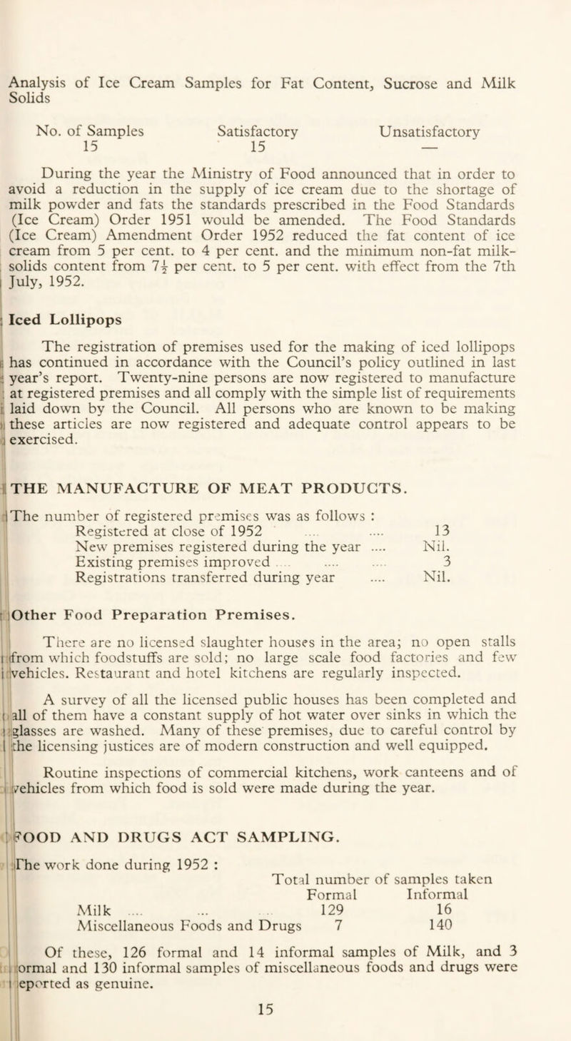 Analysis of Ice Cream Samples for Fat Content, Sucrose and Milk Solids No. of Samples Satisfactory Unsatisfactory 15 ’15 — During the year the Ministry of Food announced that in order to avoid a reduction in the supply of ice cream due to the shortage of milk powder and fats the standards prescribed in the Food Standards (Ice Cream) Order 1951 would be amended. The Food Standards (Ice Cream) Amendment Order 1952 reduced the fat content of ice cream from 5 per cent, to 4 per cent, and the minimum non-fat milk- : solids content from 1^ per cent, to 5 per cent, with effect from the 7th I July, 1952. : Iced Lollipops The registration of premises used for the making of iced lollipops li has continued in accordance with the Council’s policy outlined in last •: year’s report. Twenty-nine persons are now registered to manufacture ; at registered premises and all comply with the simple list of requirements r. laid down by the Council. All persons who are known to be making )i these articles are now registered and adequate control appears to be 1 exercised. I THE MANUFACTURE OF MEAT PRODUCTS. iThe number of registered premises was as follows : Registered at close of 1952 .... 13 New premises registered during the year .... Nil. Existing premises improved .... .... 3 Registrations transferred during year .... Nil. t lOther Food Preparation Premises. 1 There are no licensed slaughter houses in the area; no open stalls (ifrom which foodstuffs are sold; no large scale food factories and few i ivehicles. Restaurant and hotel kitchens are regularly inspected. 1 ‘ A survey of all the licensed public houses has been completed and [ all of them have a constant supply of hot water over sinks in which the !:glasses are washed. Many of these premises, due to careful control by I iche licensing justices are of modern construction and well equipped. Routine inspections of commercial kitchens, work canteens and of I vehicles from which food is sold were made during the year. i I .ii^OOD AND DRUGS ACT SAMPLING. j jrhework done during 1952 : Total number of samples taken Formal Informal Milk .. ... 129 16 Miscellaneous Foods and Drugs 7 140 Of these, 126 formal and 14 informal samples of Milk, and 3 iiiormal and 130 informal samples of miscellaneous foods and drugs were 1 ieported as genuine.