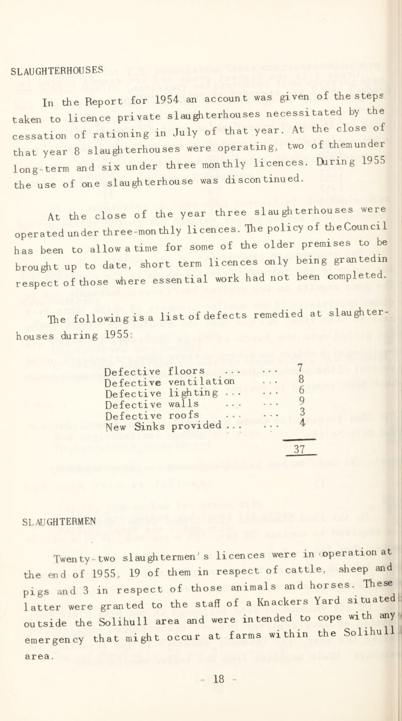 SLAUGHTERHOUSES In the Report for 1954 an account was given of the steps taken to licence private slaughterhouses necessitated by the cessation of rationing in July of that year. At the close of that year 8 slaughterhouses were operating, two of themunder long=term and six under three monthly licences. During 1955 the use of one slaughterhouse was discontinued. At the close of the year three slaughterhouses were operated under three=monthly licences. The policy of theCouncil has been to allow a time for some of the older premises to be brought up to date, short term licences only being grantedin respect of those where essential work had not been completed. Ue following is a list of defects remedied at slaughter- houses during 1955: Defective floors ... Defective ventilation Defective lighting . , . Defective walls ... Defective roofs New Sinks provided ., . 37 SLAUGHTERMEN Twenty-two slaughtermen’s licences were in .operation at the end of 1955, 19 of them in respect of cattle, sheep and pigs and 3 in respect of those animals and horses. These latter were granted to the staff of a Knackers Yard situated outside the Solihull area and were intended to cope with any emergency that might occur at farms within the Solihull area.
